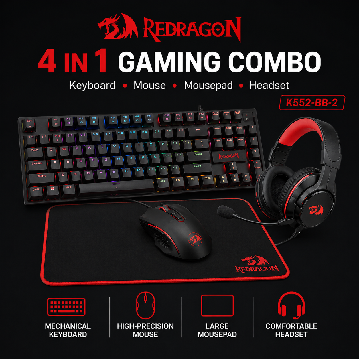 Redragon K552-BB-2 4 In 1 Gaming Combo - Keyboard Mouse Mousepad Headset (K502)