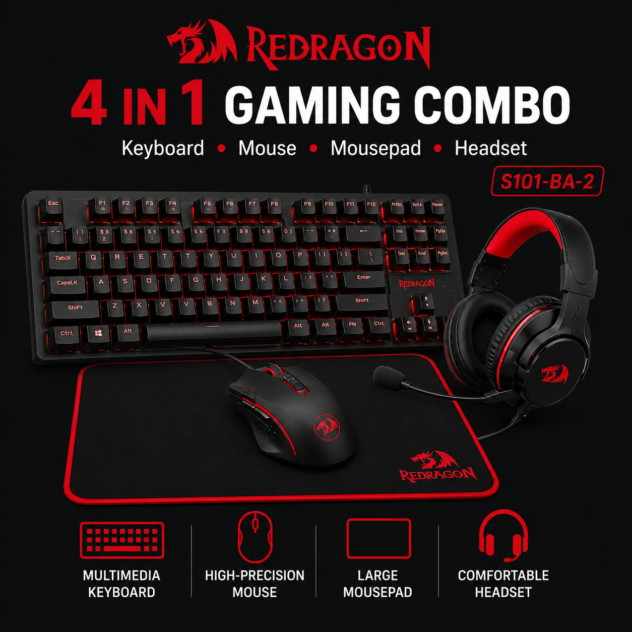 Redragon S101-BA-2 4 In 1 Gaming Combo - Keyboard Mouse Mousepad Headset (GM100)