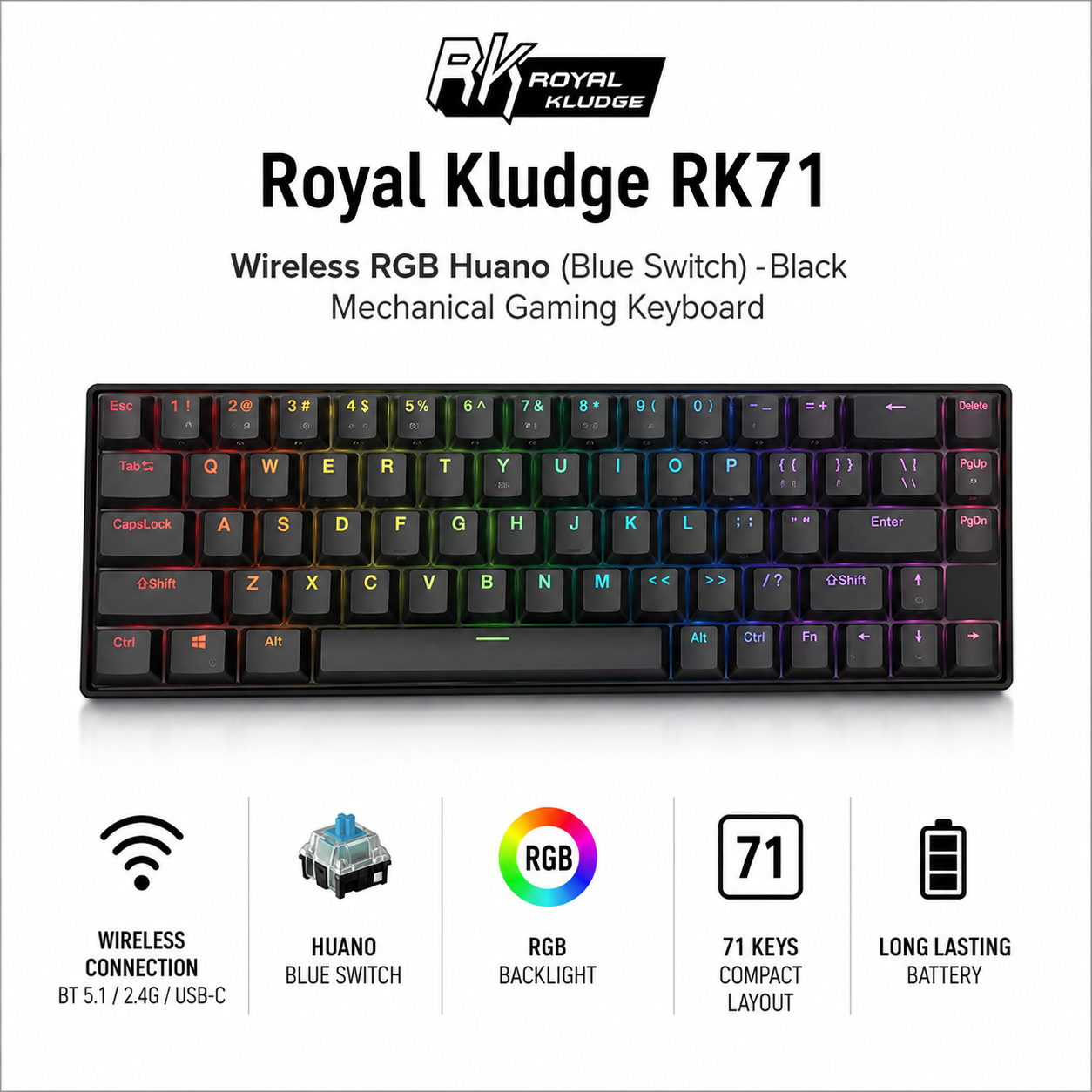 Royal Kludge RK71 wireless RGB Huano (Blue Switch) - black Mechanical Gaming Keyboard (RK71)