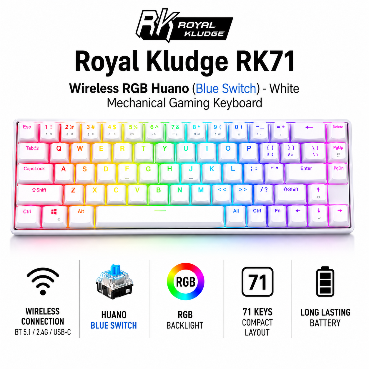 Royal Kludge RK71 wireless RGB Huano (Blue Switch) - white Mechanical Gaming Keyboard (RK71)