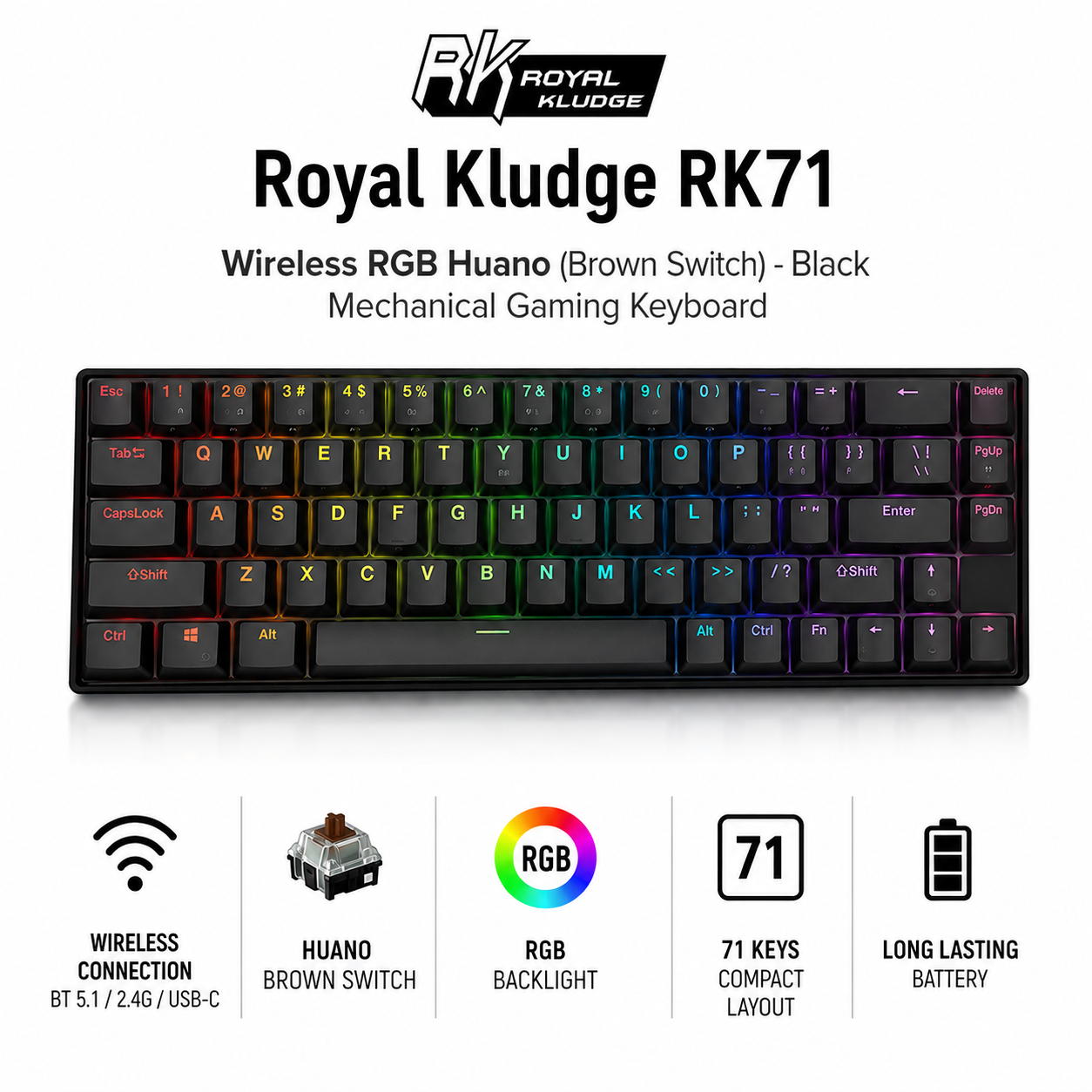 Royal Kludge RK71 wireless RGB Huano (Brown Switch) - black Mechanical Gaming Keyboard (RK71)