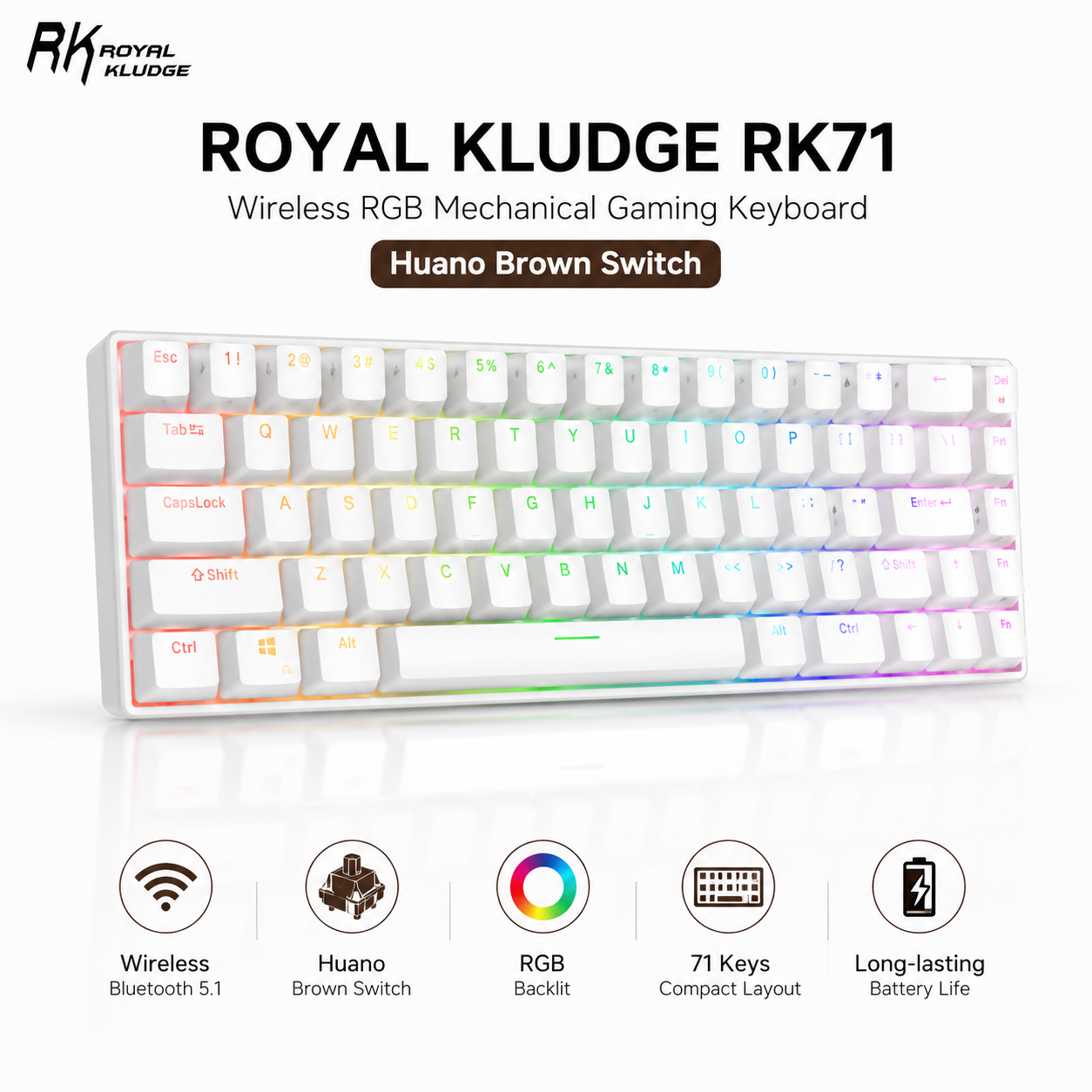 Royal Kludge RK71 wireless RGB Huano (Brown Switch) - white Mechanical Gaming Keyboard (RK71)