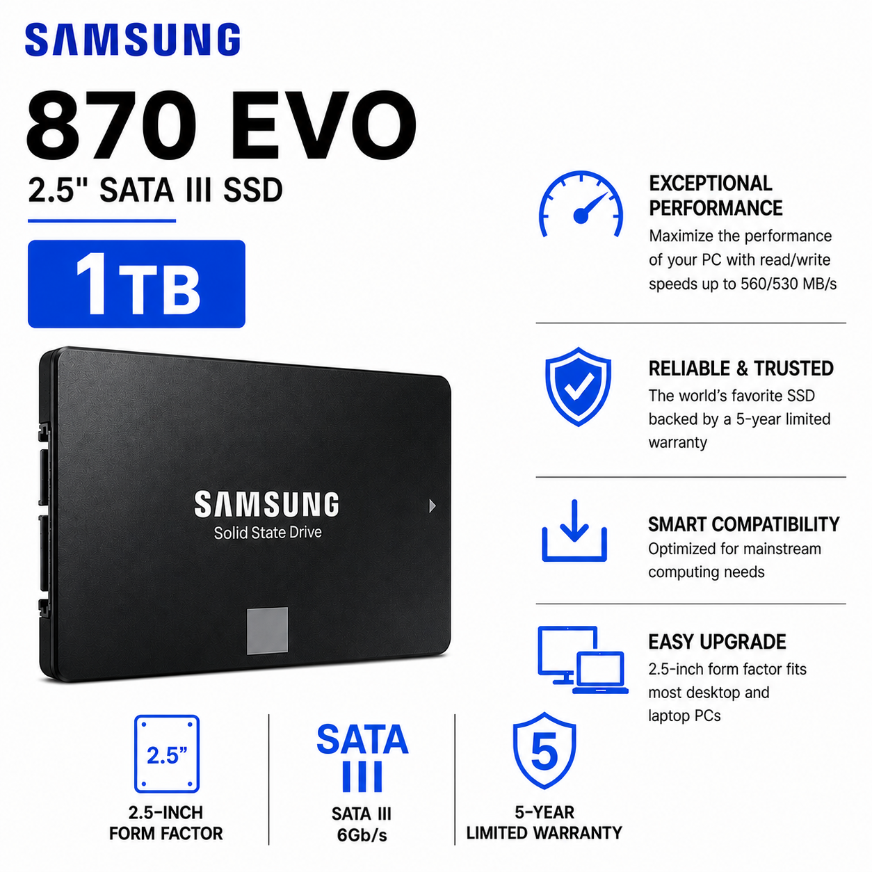 SAMSUNG 870 EVO 2.5" 1TB SATA III (MZ-77E1T0BW)