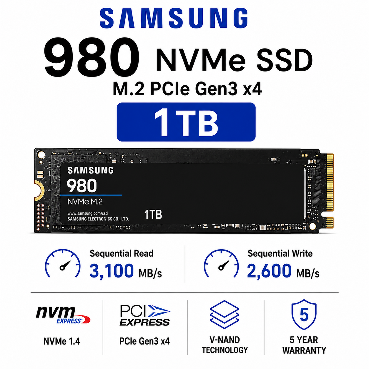 SAMSUNG 980 M.2 1TB NVME PCIe Gen3 x4 (MZ-V8V1T0BW)