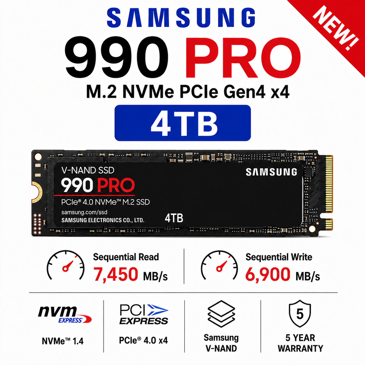 SAMSUNG 990 PRO M.2 4TB NVME PCIe Gen4 x4 NEW! (MZ-V9P4T0BW)