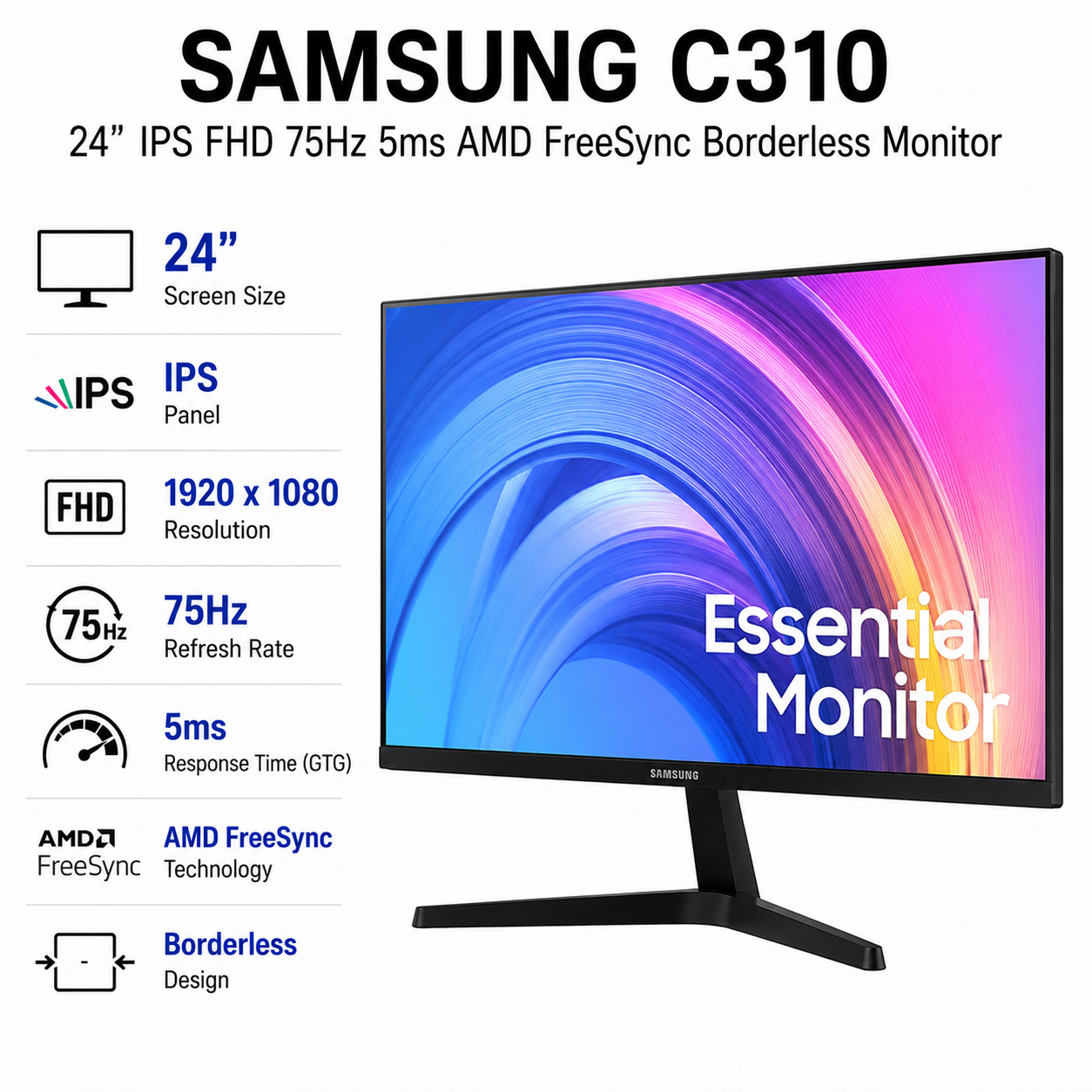 SAMSUNG C310 24" IPS FHD 75Hz 5ms AMD FreeSync Borderless Monitor (LS24C310EAEXXP)