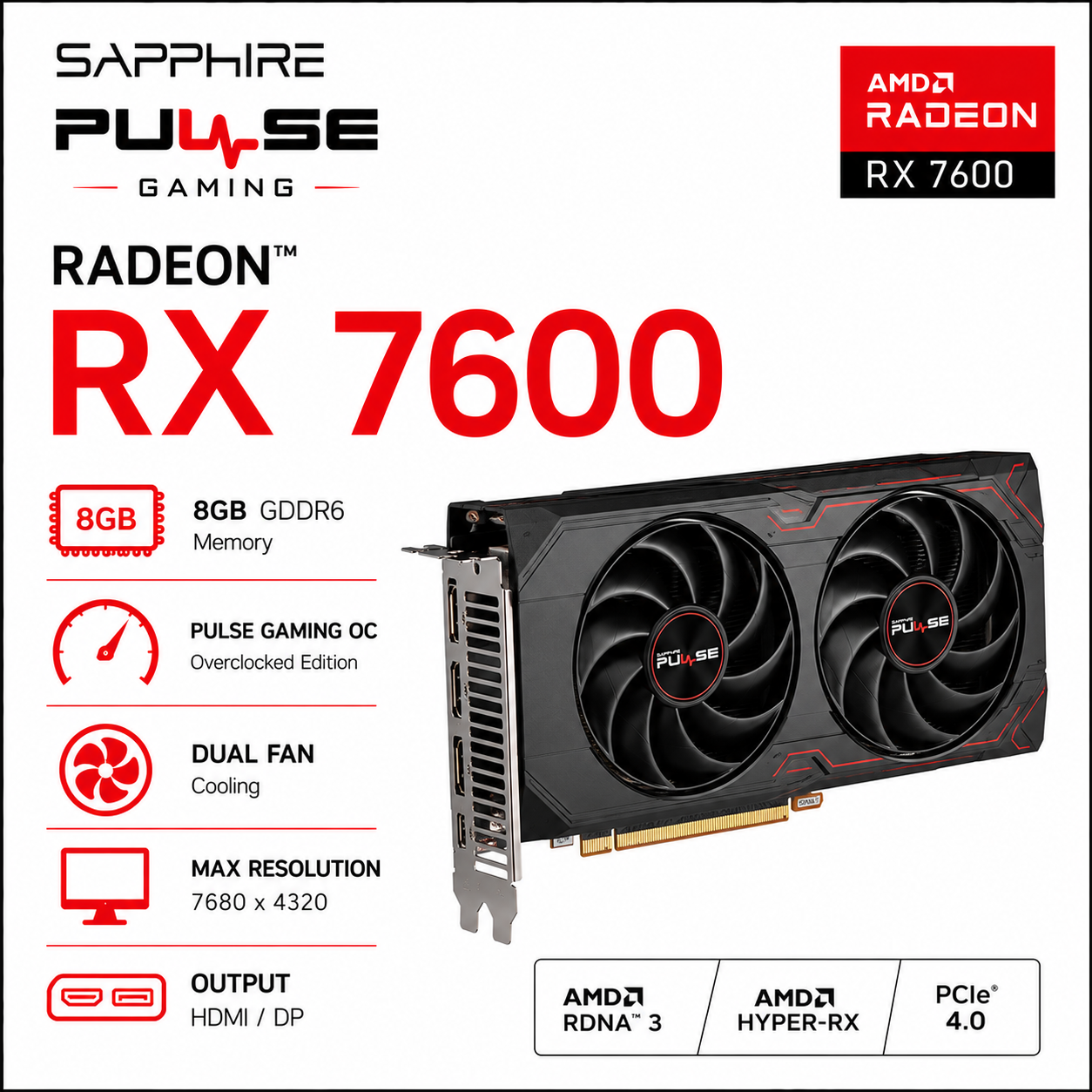 SAPPHIRE Radeon RX 7600 PULSE GAMING OC 8GB GDDR6 (11324-01-20G)
