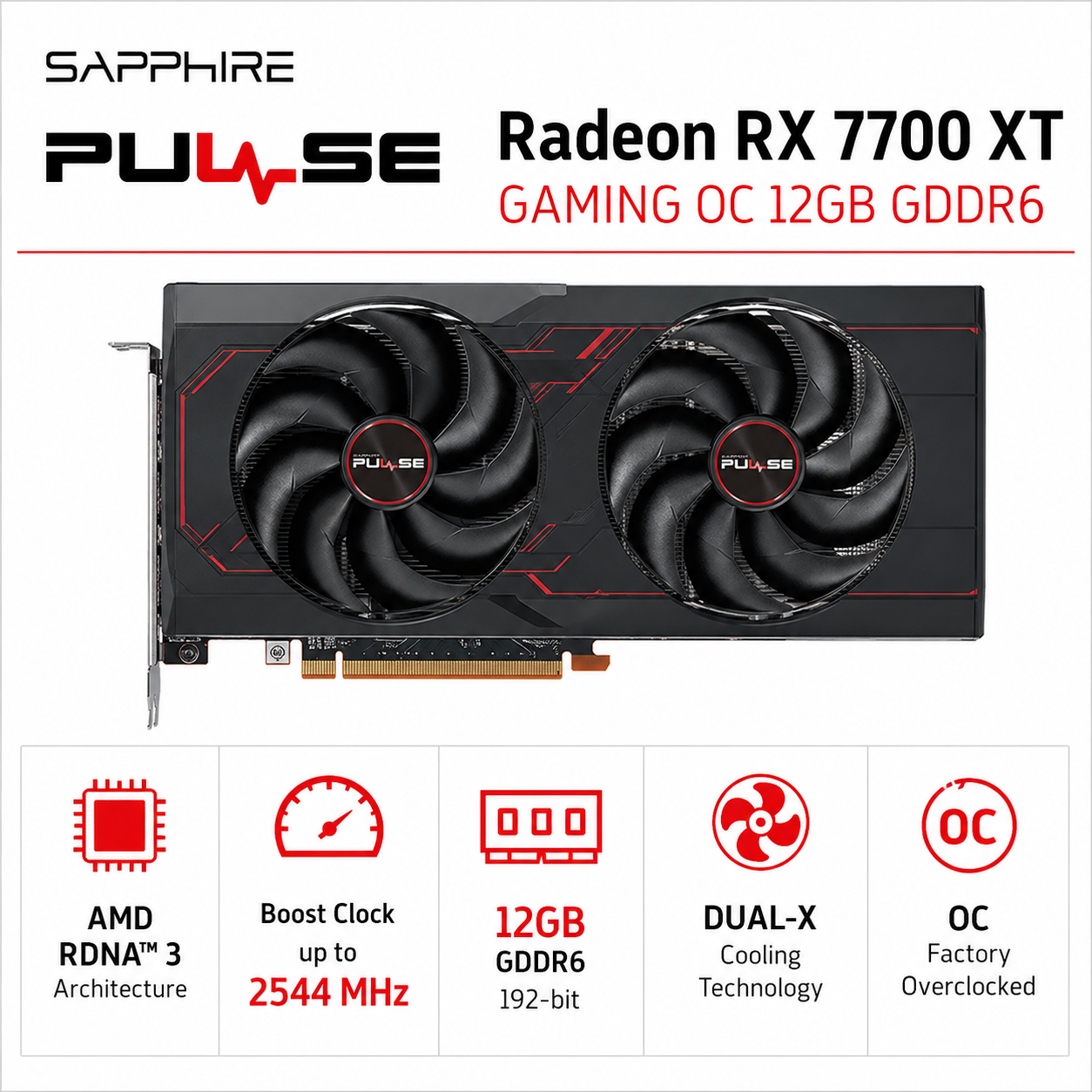 SAPPHIRE Radeon RX 7700 XT PULSE GAMING OC 12GB GDDR6 (11335-04-20G)