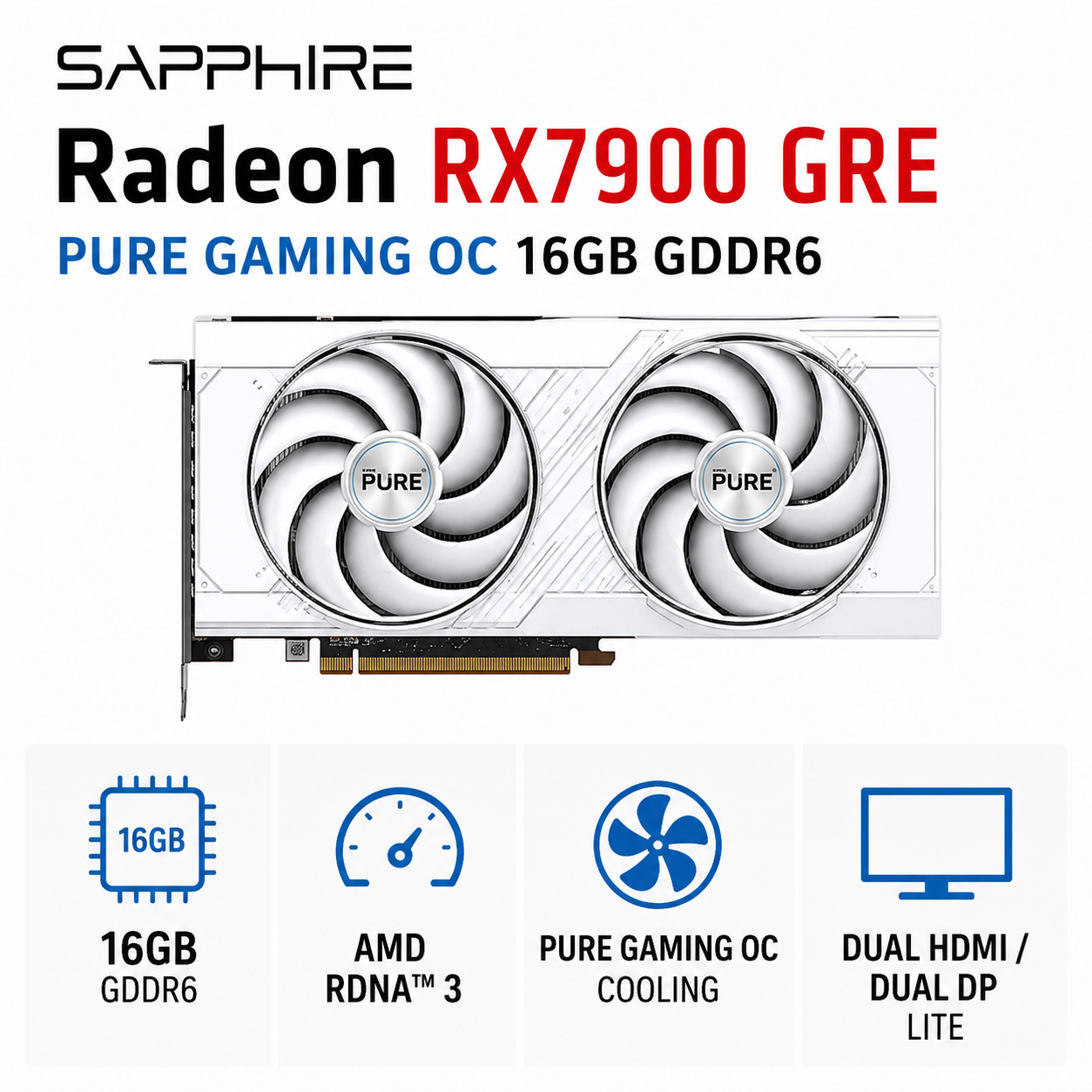 SAPPHIRE Radeon RX7900 GRE PURE GAMING OC 16GB GDDR6 DUAL HDMI / DUAL DP LITE (11325-01-20G)