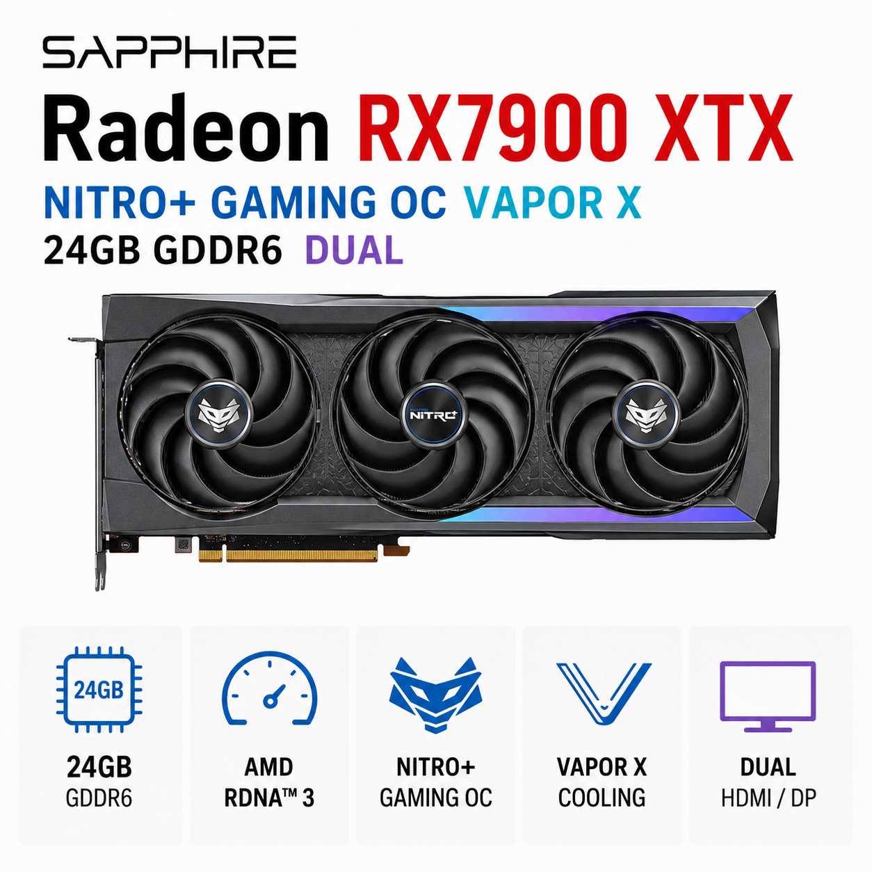 SAPPHIRE Radeon RX7900 XTX NITRO+ GAMING OC VAPOR X 24GB GDDR6 DUAL (11322-03-20G)