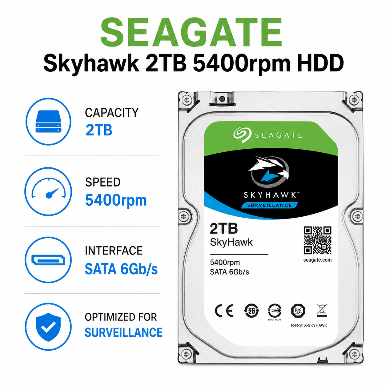 SEAGATE Skyhawk 2TB 5400rpm HDD (STKZ5000400)