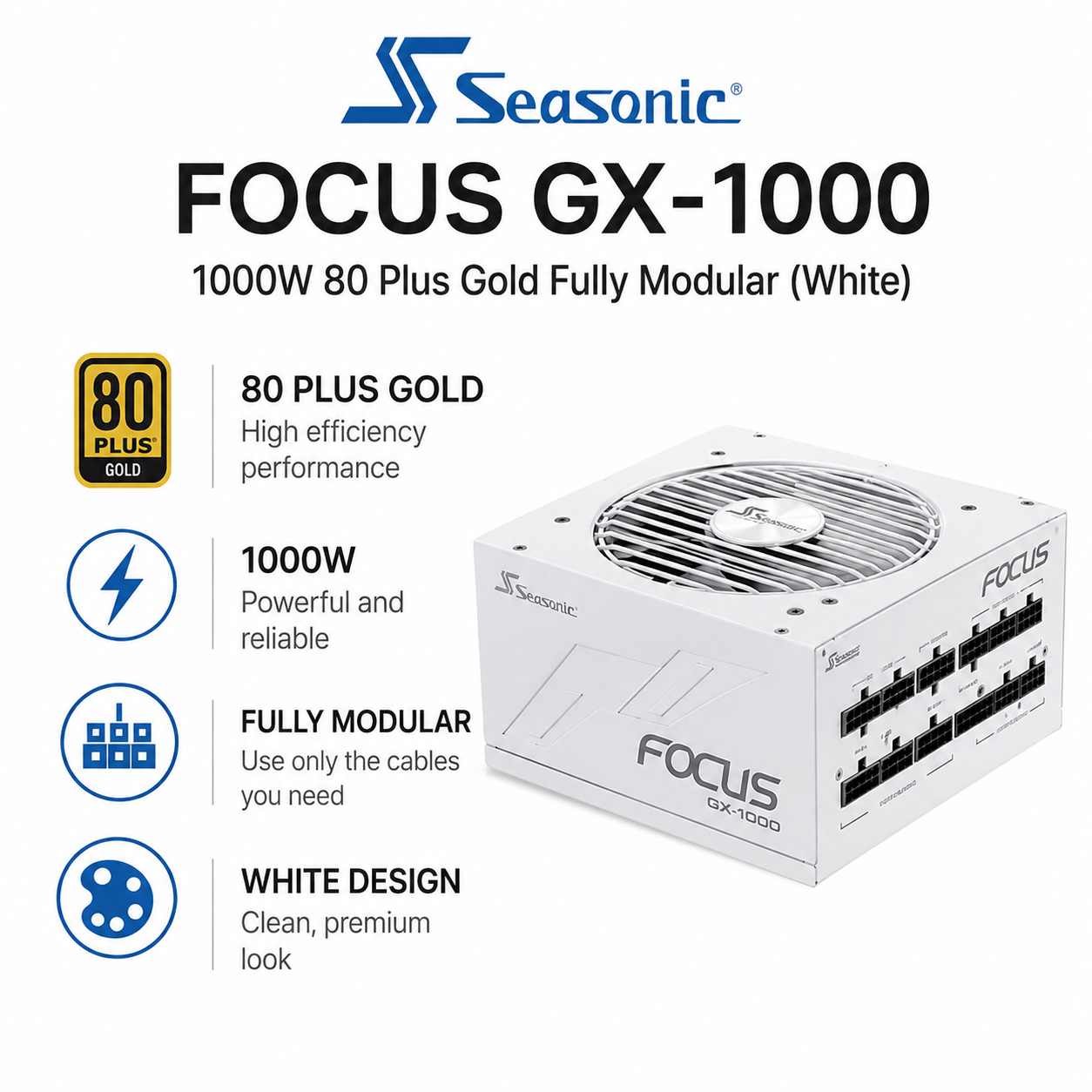 SEASONIC Focus GX-1000 - 1000W 80 Plus Gold Fully Modular (White) (SSR-850FM)