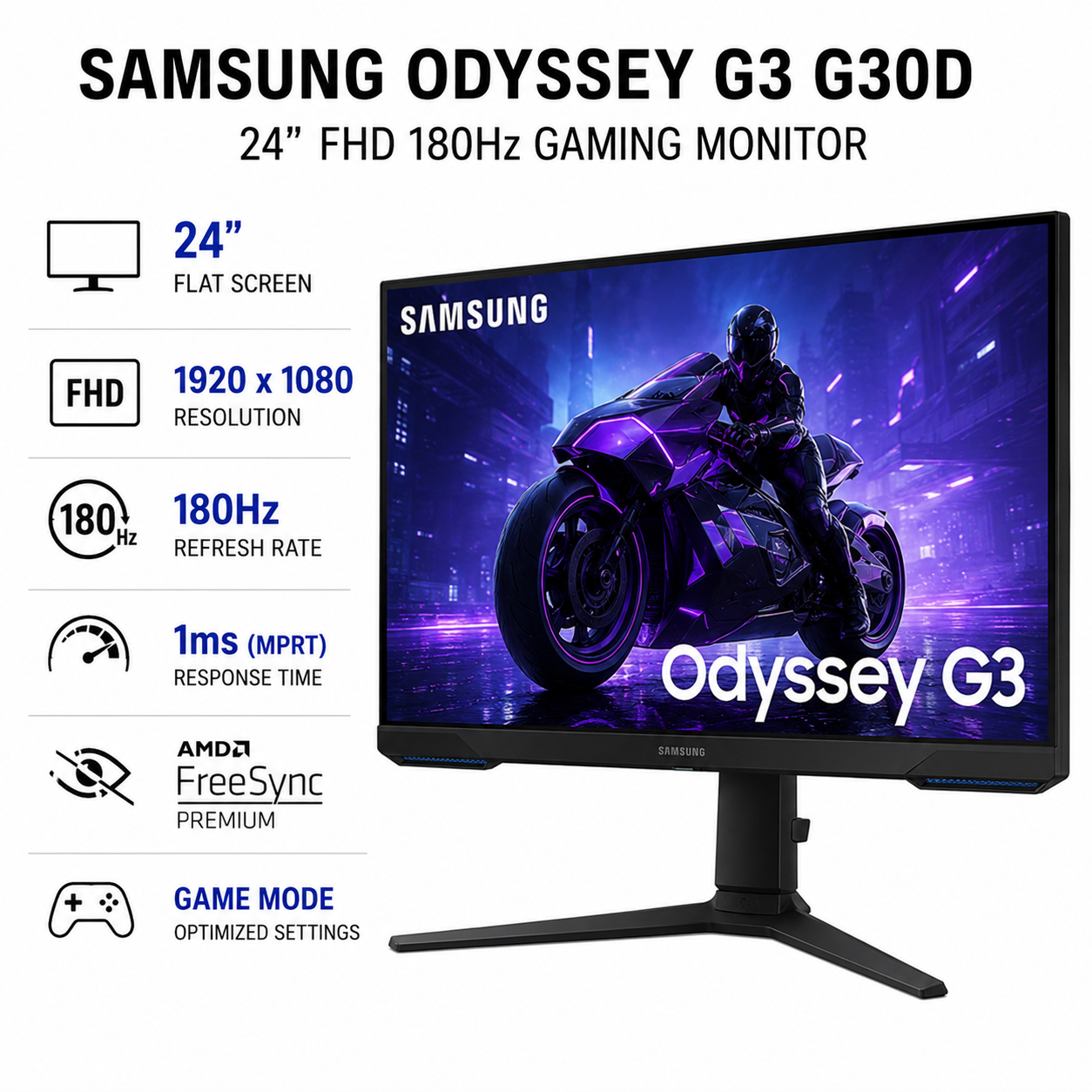 Samsung Odyssey G3 24" G30D FHD 180Hz Gaming Monitor (LS24DG302EEXXP)