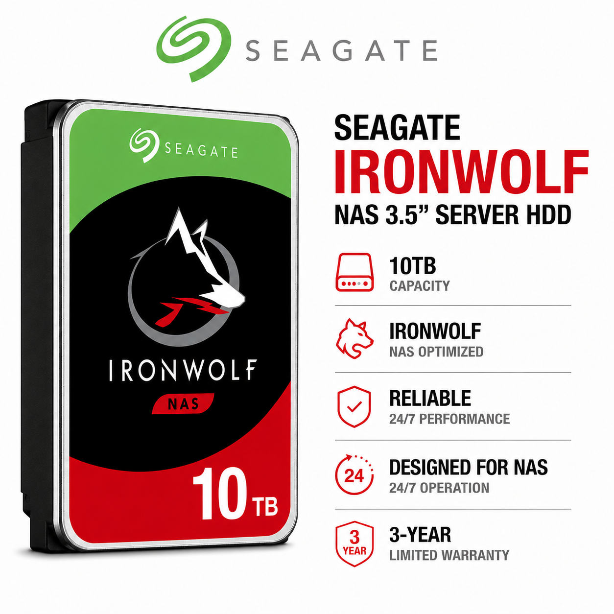 Seagate 10TB IRONWOLF NAS 3.5" SERVER HDD (CAB-SATA)