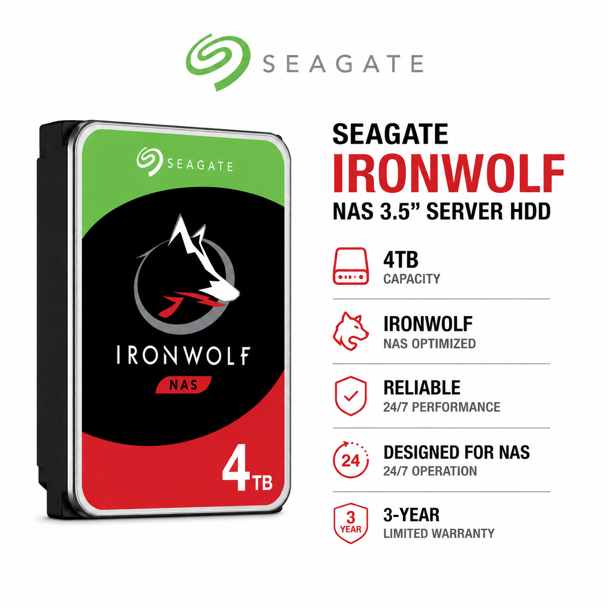 Seagate 4TB IRONWOLF NAS 3.5" SERVER HDD (ST2000VN003)