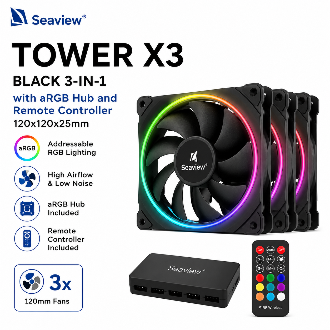 Seaview Tower X3 Black 3-in-1 with aRGB Hub and Remote Controller 120x120x25 (SEAVIEW-TOWER-X3-BLACK)