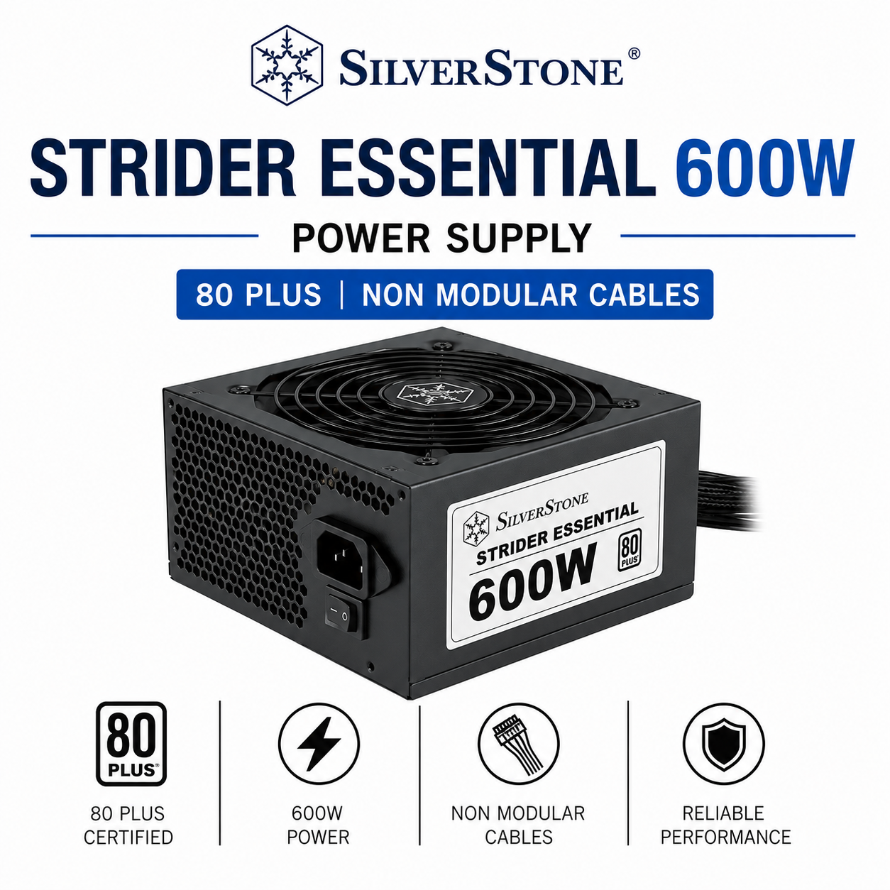 SilverStone Strider Essential 600W Power Supply, 80Plus Non Modular Cables (SST-ST60F-ES230)