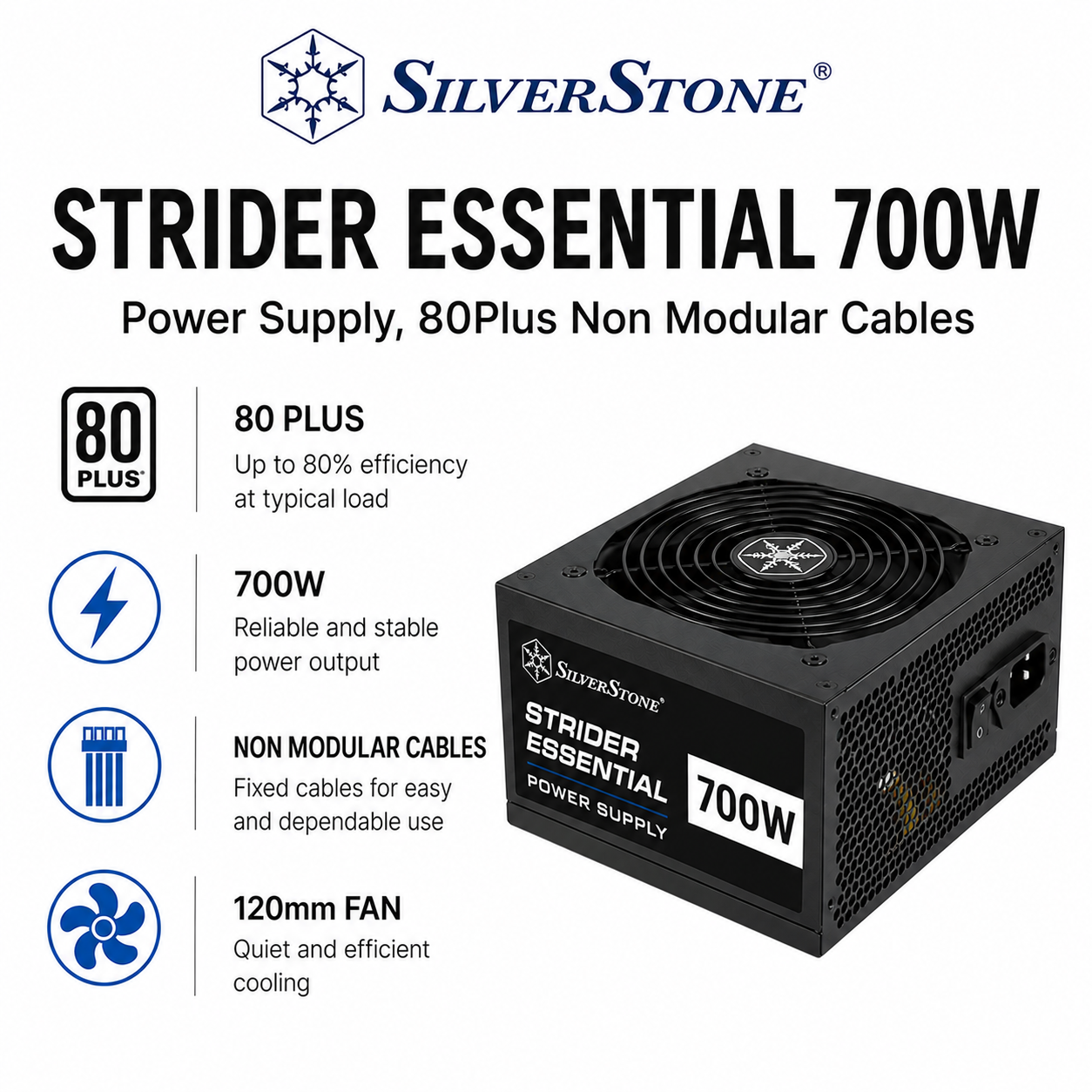 SilverStone Strider Essential 700W Power Supply, 80Plus Non Modular Cables (SST-ST70F-ES230)