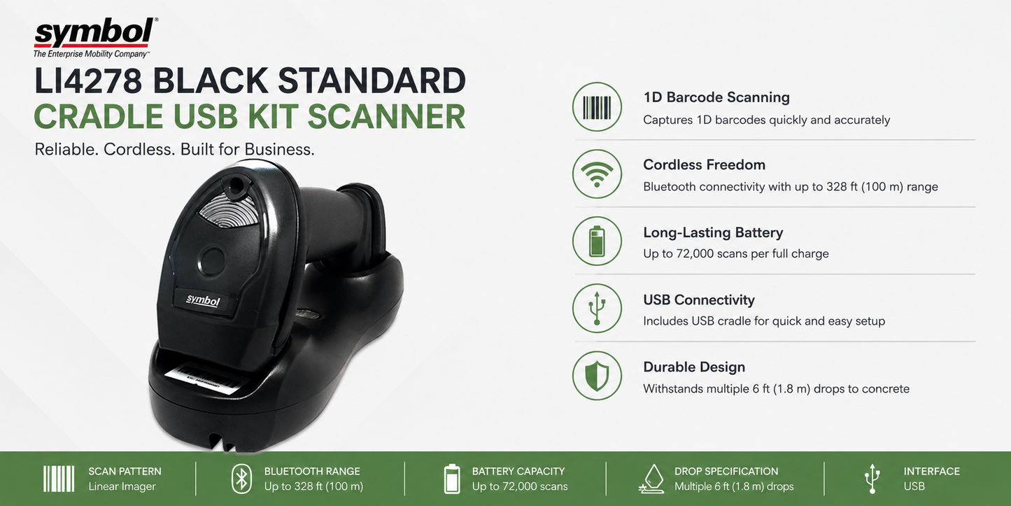 Symbol LI4278 Black Standard Cradle USB Kit Scanner (TED416G2400C16-S01)