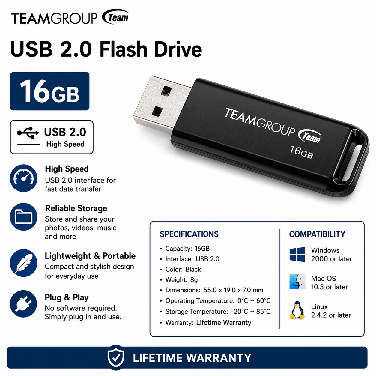 TEAM GROUP 16GB 2.0 USB Flash Drive (TEAM-16G-SD)