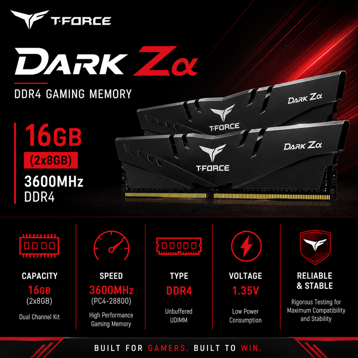 TEAM T-FORCE DARK Zα 16gb (2x8gb) 3600MHz DDR4 GAMING MEMORY (TDZAD432G3200HC16CDC01)