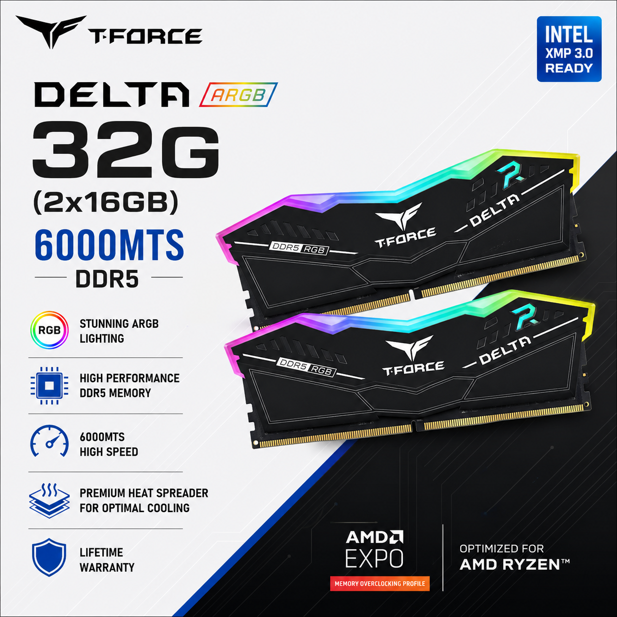 TEAM T-FORCE DELTA ARGB 32G (2x16gb) 6000MTS DDR5 Black INTEL (FF8D532G6000HC38ADC01)