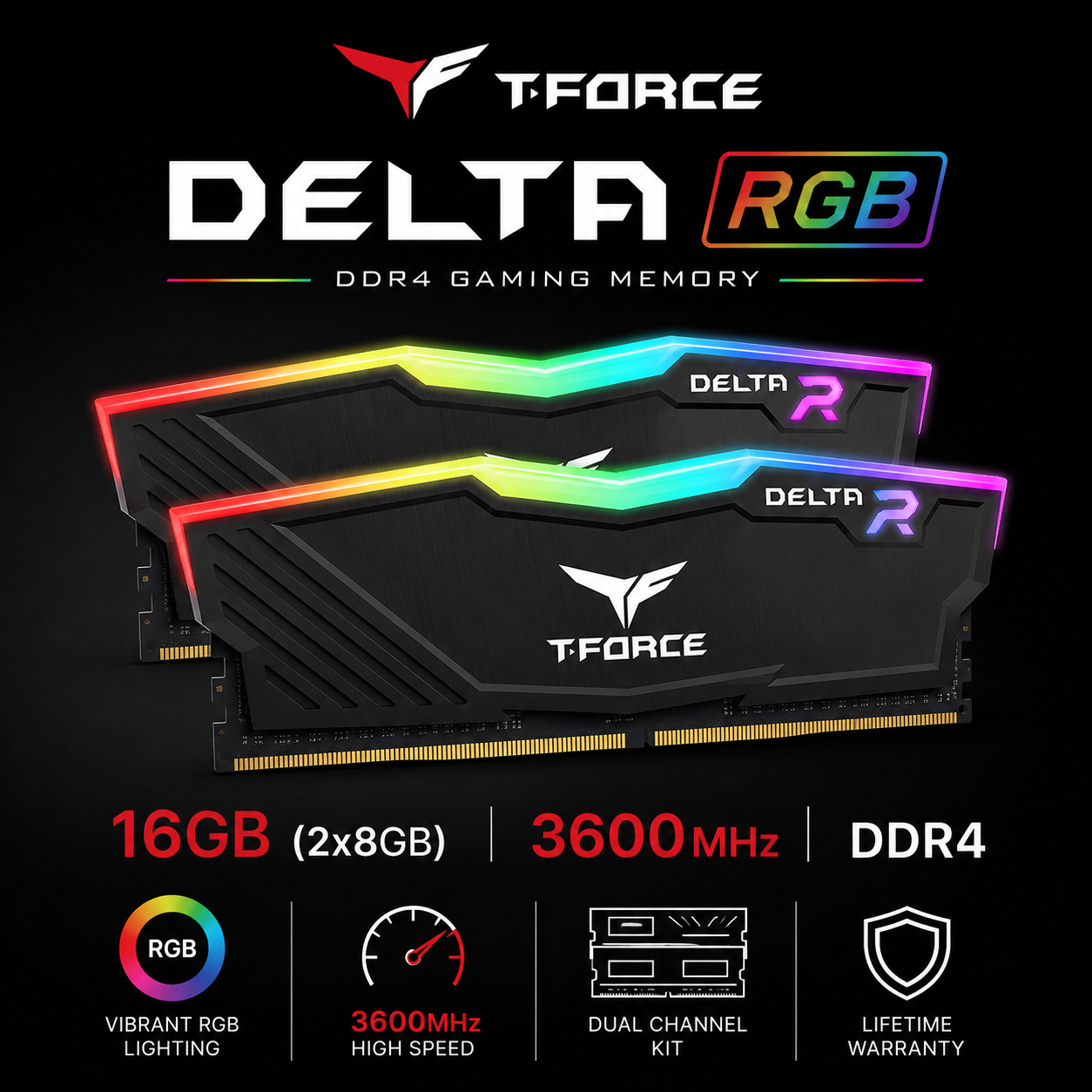 TEAM T-FORCE DELTA RGB 16gb (2x8gb) 3600MHz DDR4 - black (TF4D416G3600HC18JDC01)