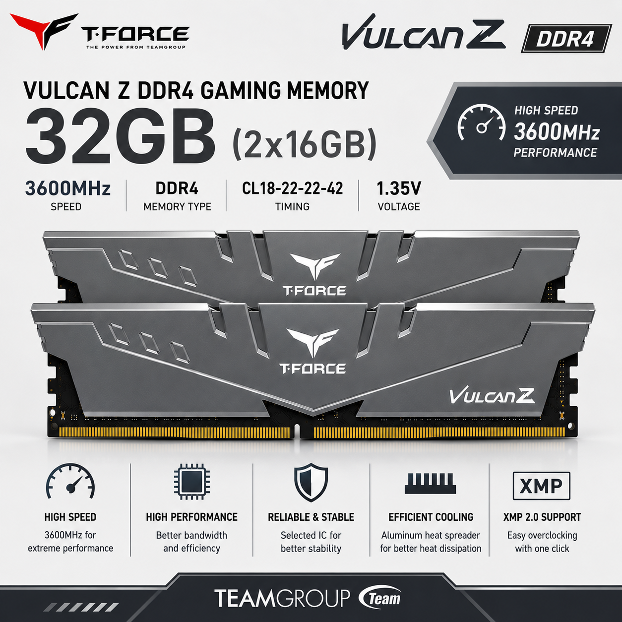 TEAM T-FORCE VULCAN Z 32gb (2x16gb) 3600MHz DDR4 GRAY (TLZRD432G3600HC18JDC01)