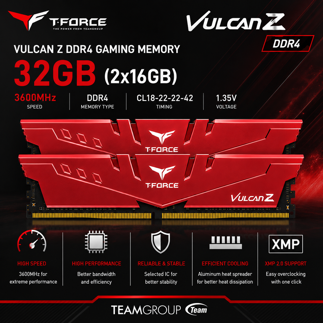 TEAM T-FORCE VULCAN Z 32gb (2x16gb) 3600MHz DDR4 RED (TLZRD48G3200HC16C01)