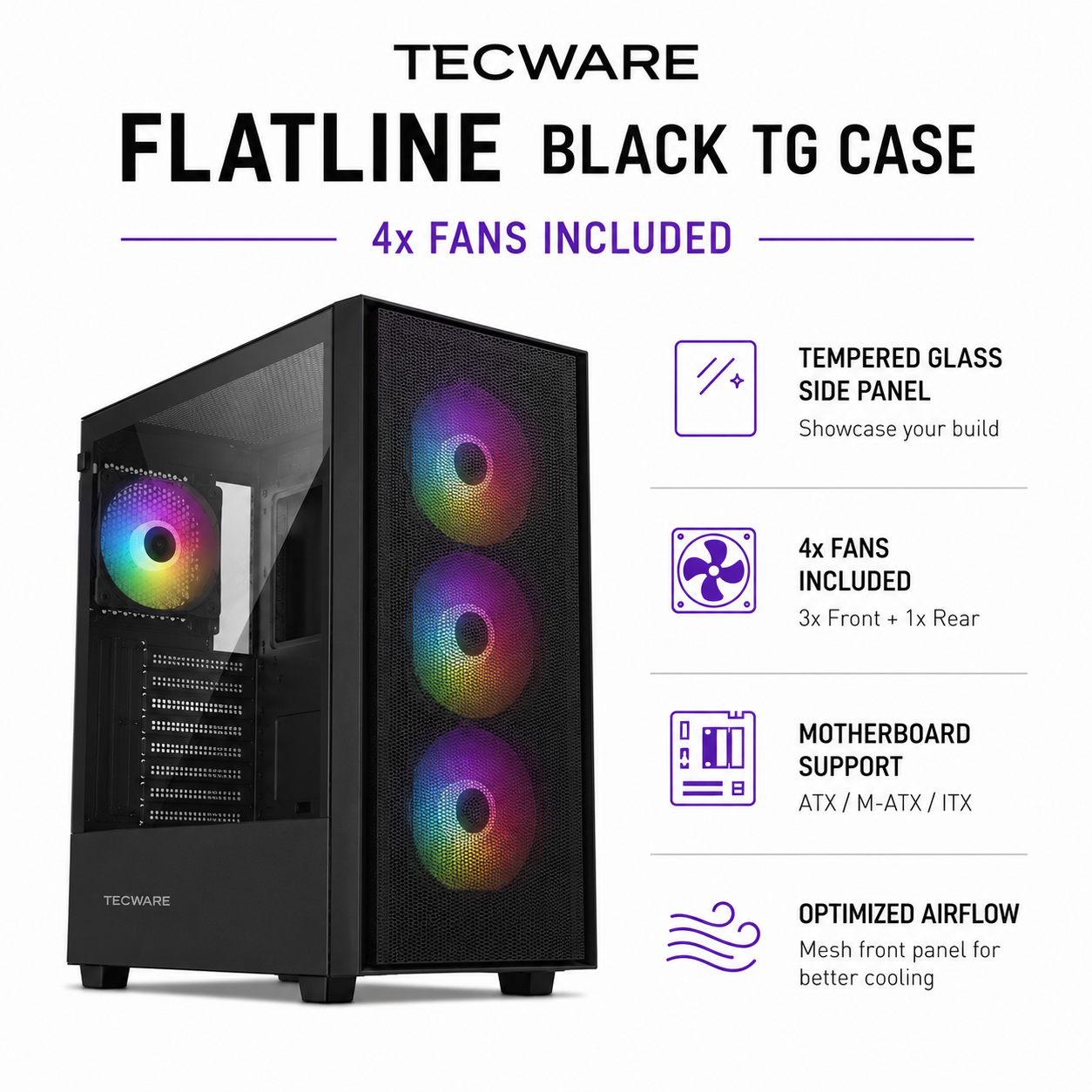 TECWARE Flatline Black TG Case - 4x Fans Included (TWCA-FTLN-WH)