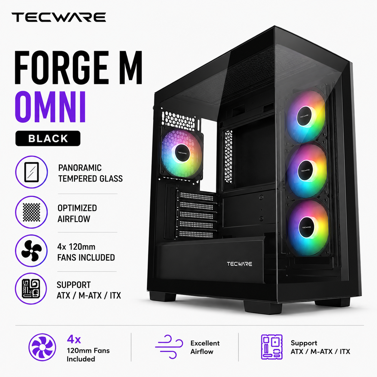 TECWARE Forge M Omni Black TG Case - 4 Fans Included (TWCA-FORGE-MO-WH)