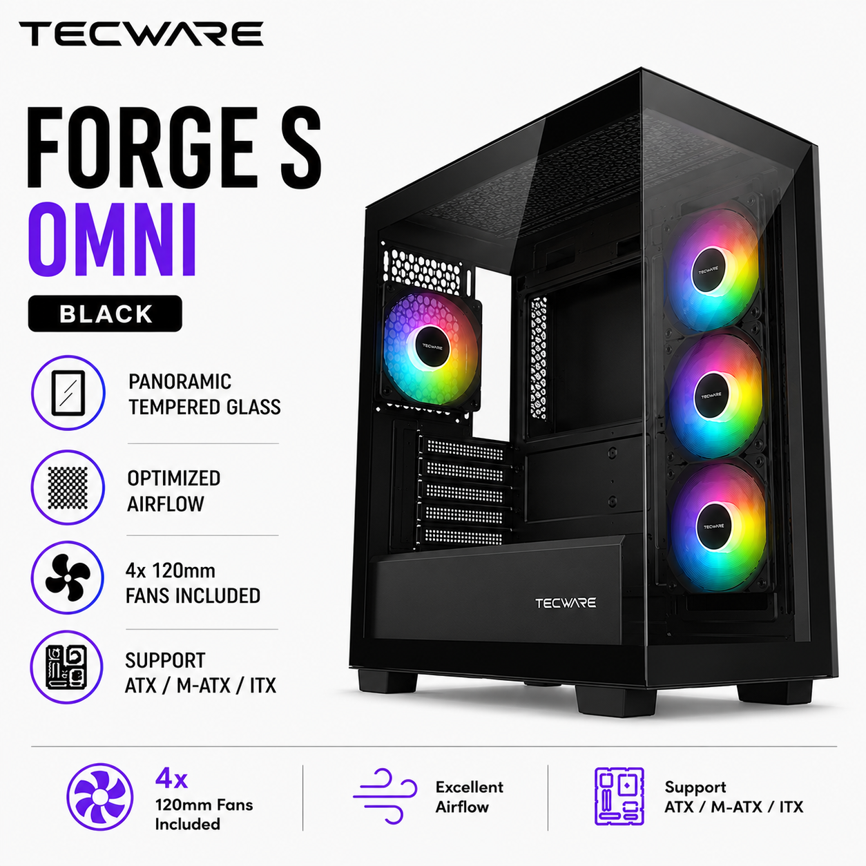 TECWARE Forge S Omni Black TG Case - 4 Fans Included (TWCA-FUS2-BK)