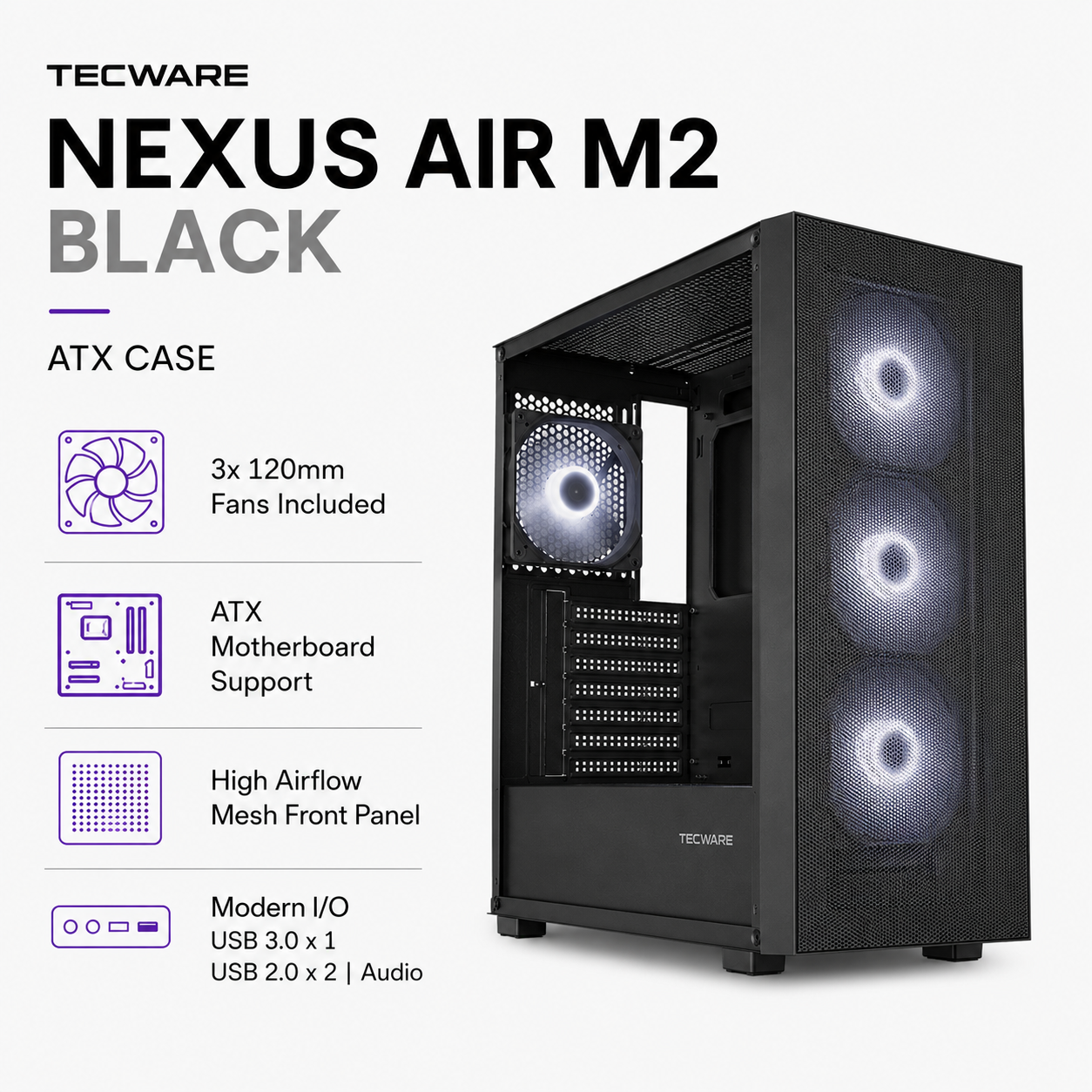 TECWARE Nexus Air M2 Black ATX - 3x 120mm fans (TWCA-NEXUS-AIR-WH)