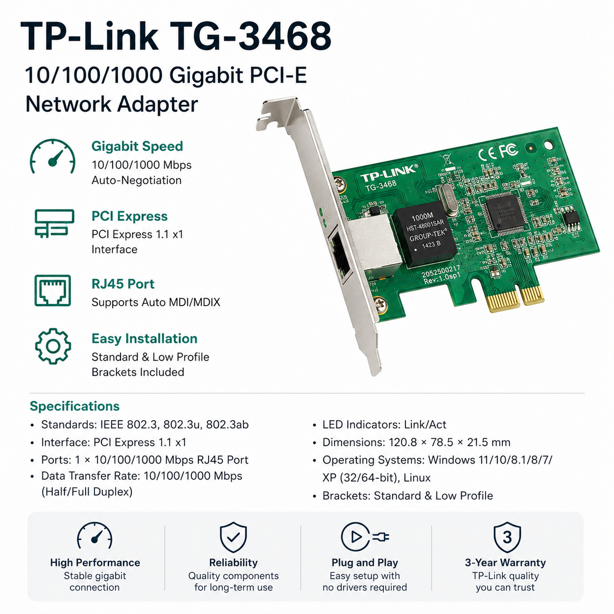 TP-Link LAN Card TG-3468 10/100/1000 Gigabit PCI-E Network Adapter (TG-3468)