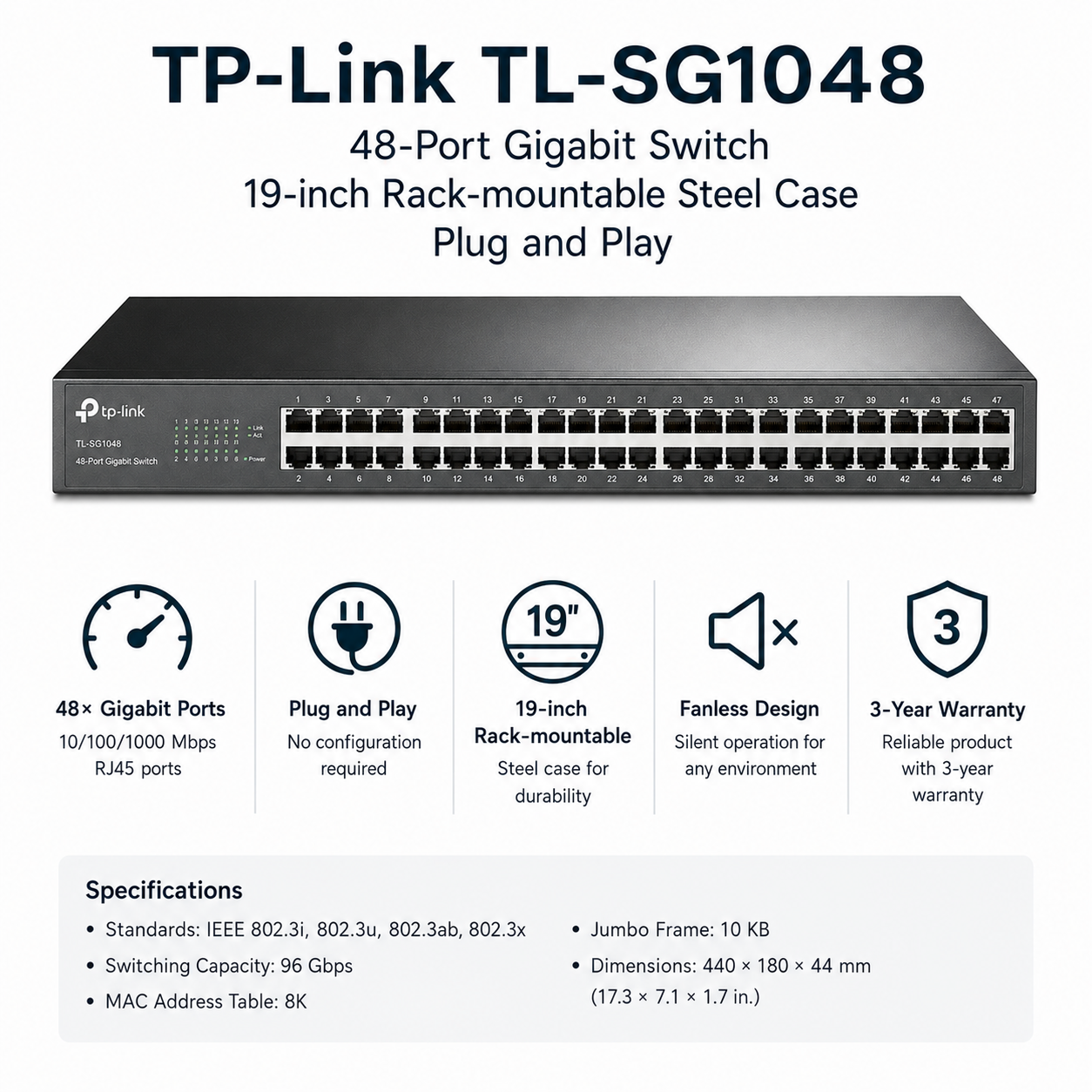 TP-Link TL-SG1048 48-Port Gigabit Switch 19-inch Rack-mountable Steel Case Plug and Play (TL-SG1048)