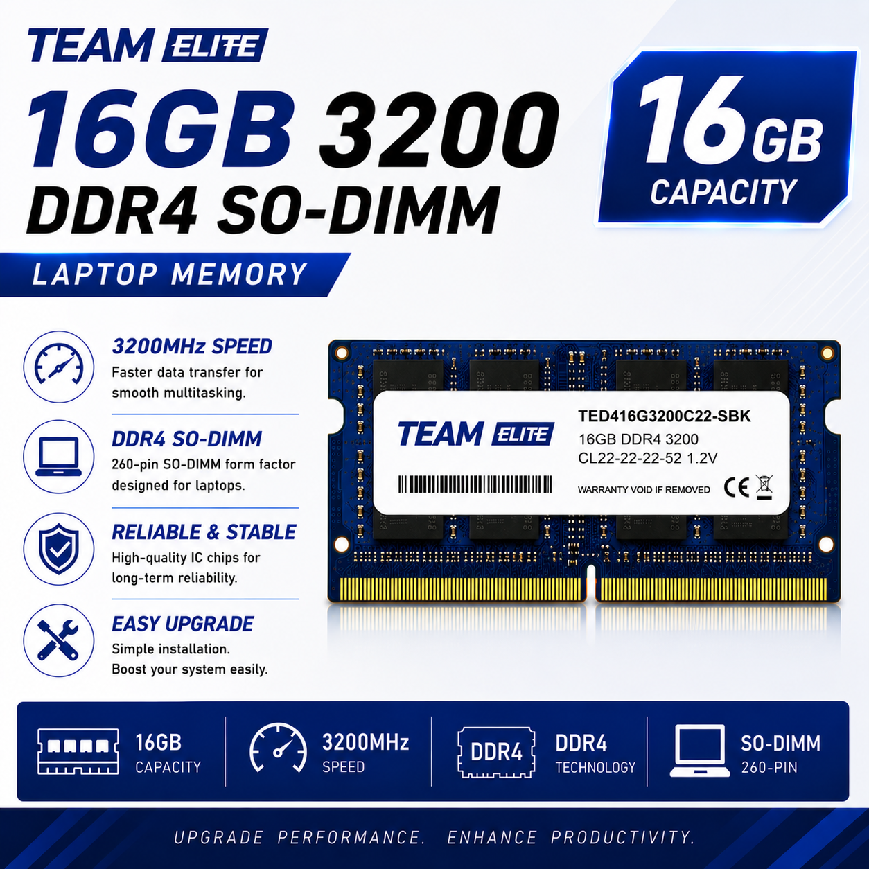 Team Elite 16GB 3200 DDR4 SO-DIMM Laptop Memory (TED432G3200C22-S01)