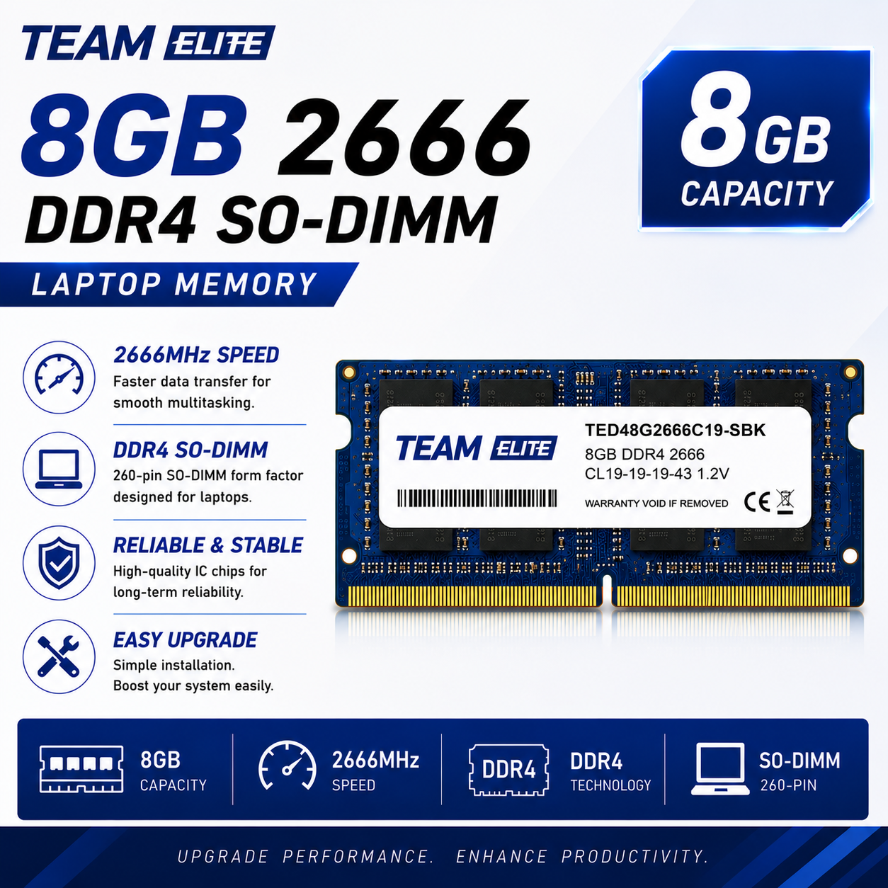 Team Elite 8GB 2666 DDR4 SO-DIMM Laptop Memory (TED48G3200C22-S01)