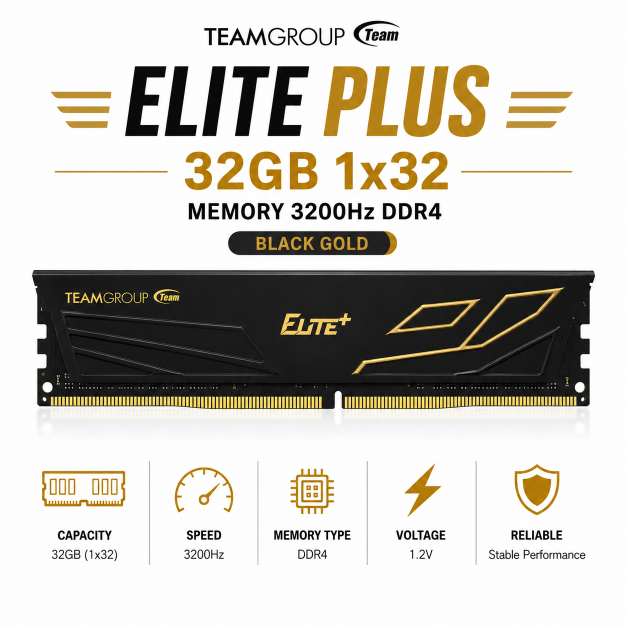 Team Elite Plus 32gb 1x32 Memory 3200hz Ddr4 Black Gold (TPRD432G3200HC2201)