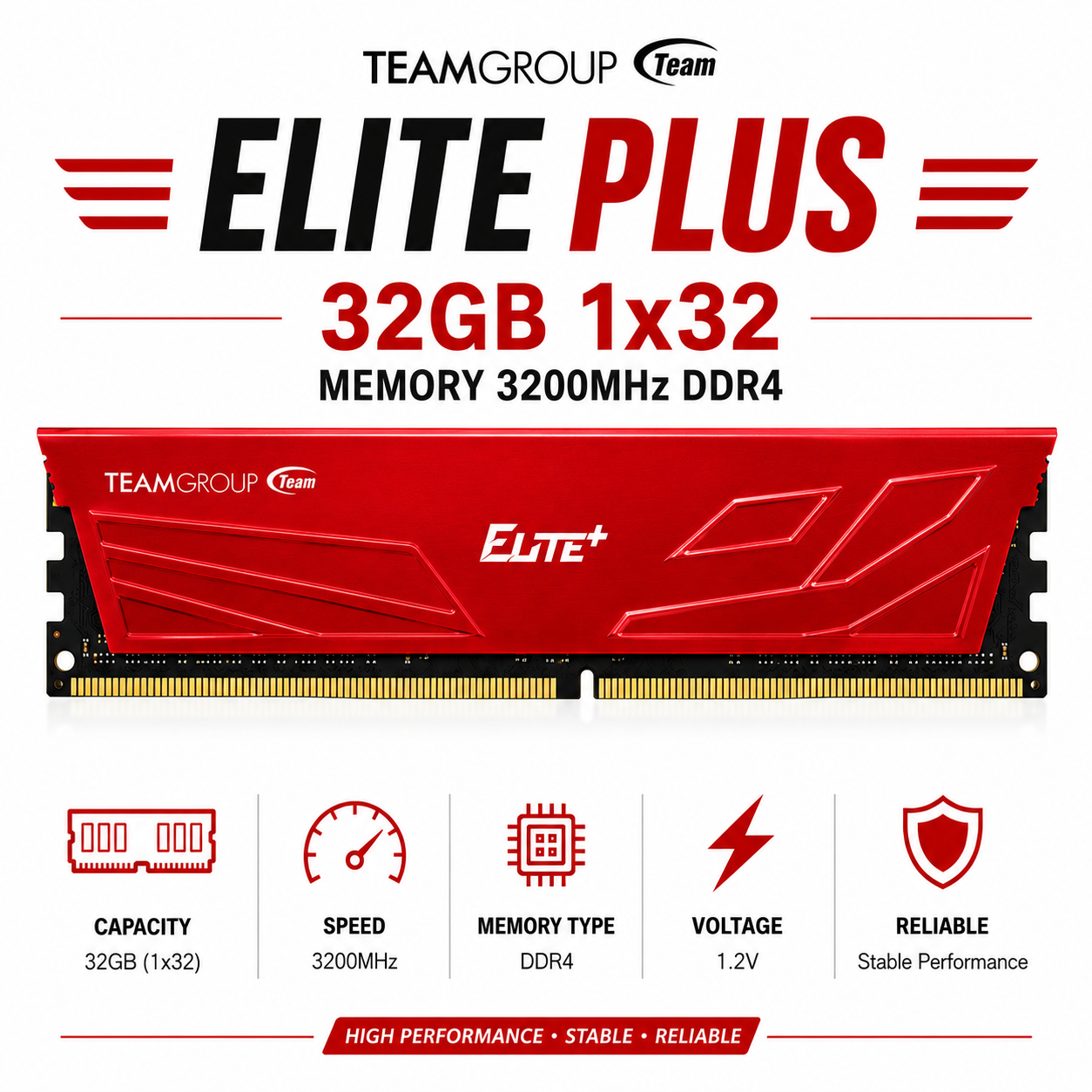 Team Elite Plus 32gb 1x32 Memory 3200mhz Ddr4 Red (TPD44G2400HC1601)