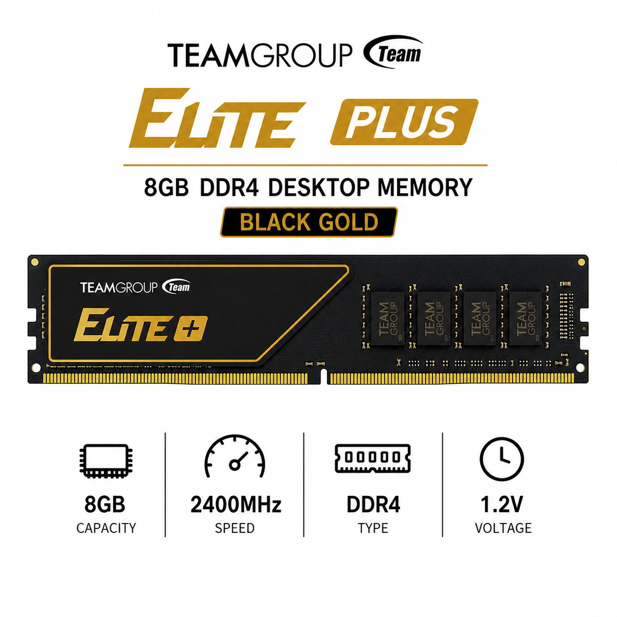 Team Elite Plus 8gb 1x8 Memory 2400mhz Ddr4 Black Gold (TPRD48G2400HC1601)