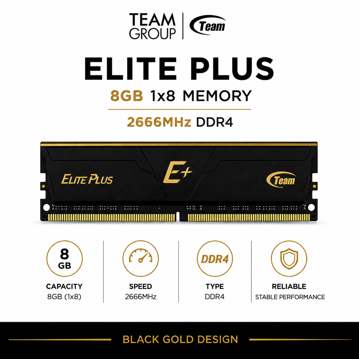 Team Elite Plus 8gb 1x8 Memory 2666mhz Ddr4 Black Gold (TPRD48G2666HC1901)