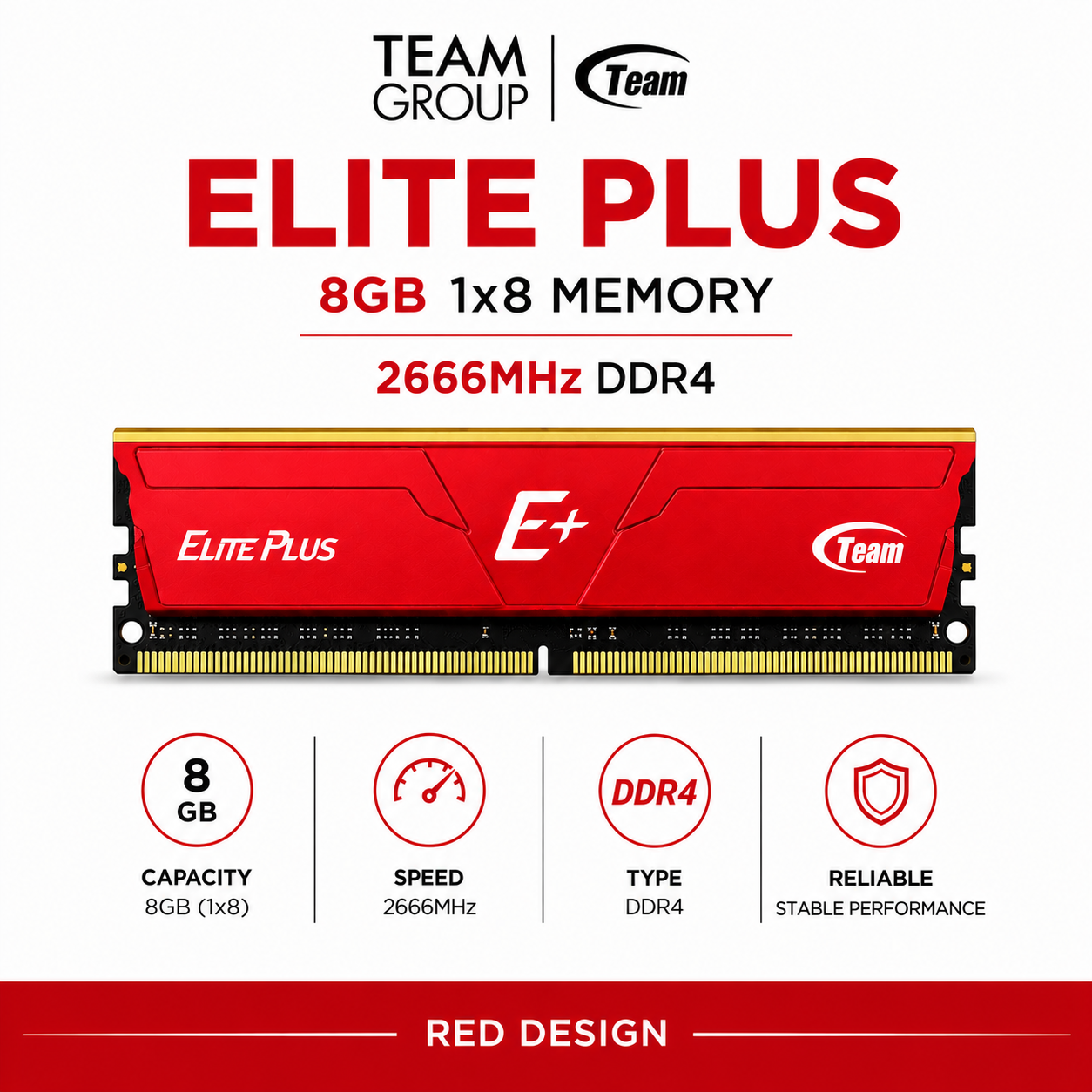 Team Elite Plus 8gb 1x8 Memory 2666mhz Ddr4 Red (TPD48G3200HC2201)