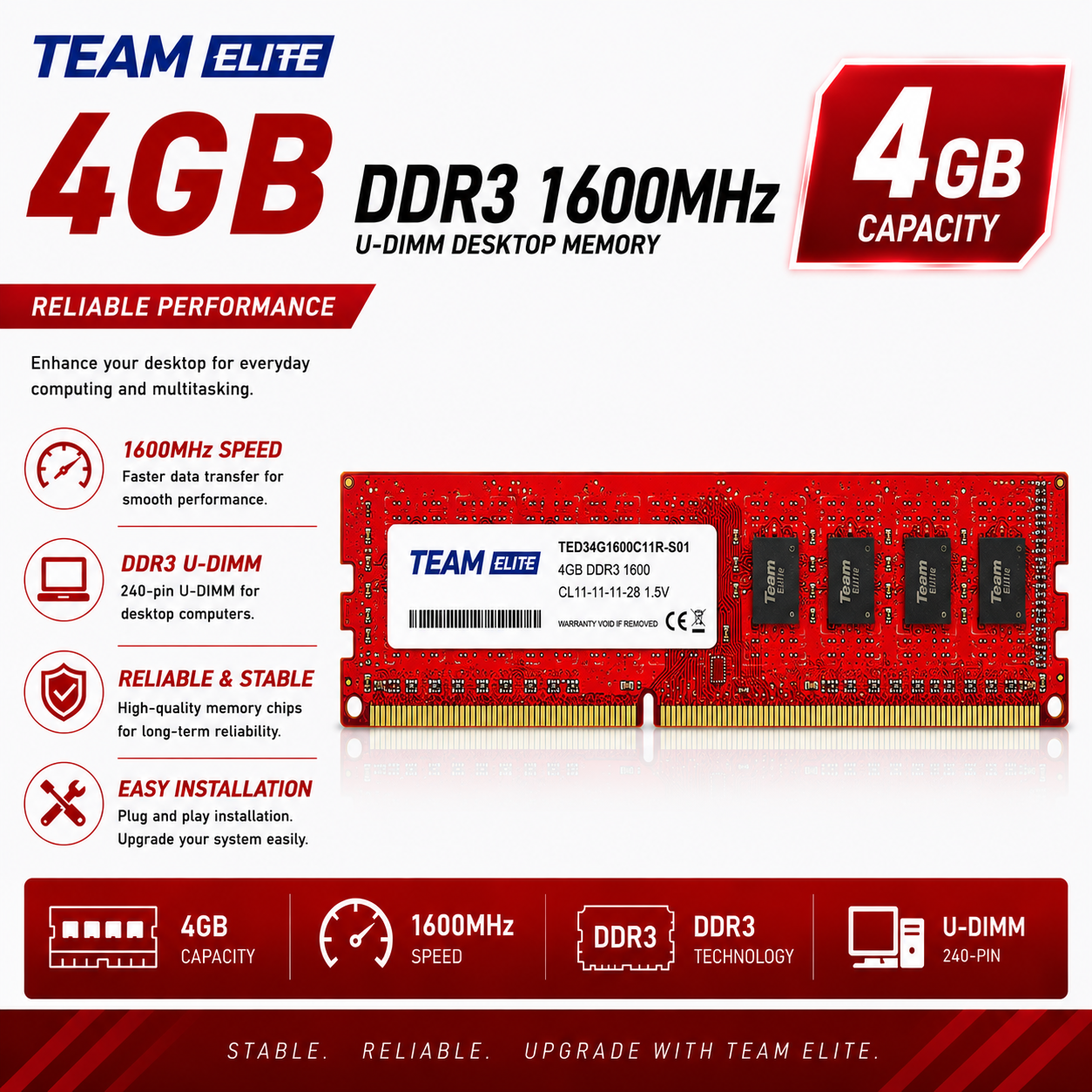 Team Elite U-DIMM 4GB DDR3 1600Mhz Desktop Memory red (TPD38G1600HC1101)