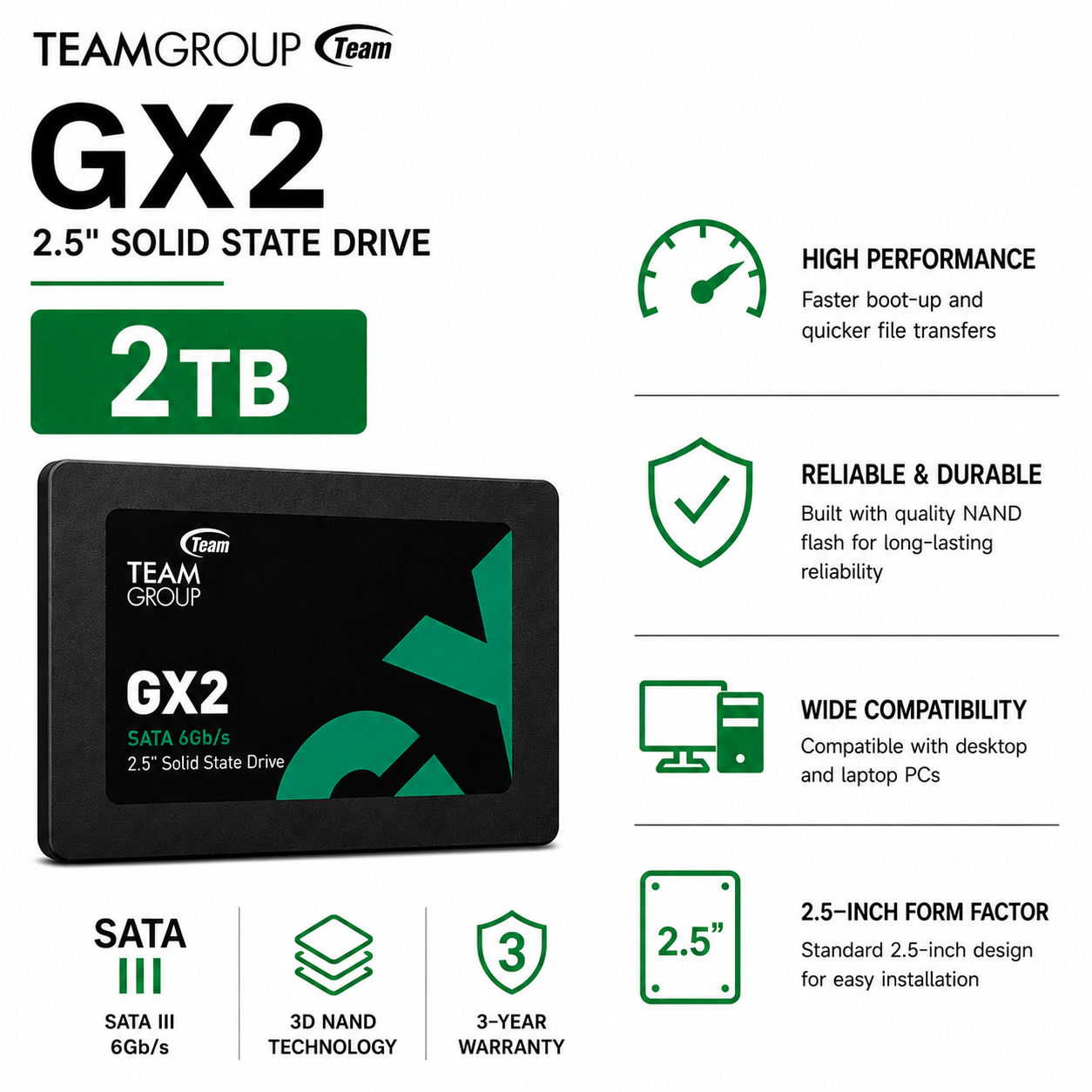 Team Group GX2 2TB Sata III 2.5 Solid State Drive (T253X2512G0C101)