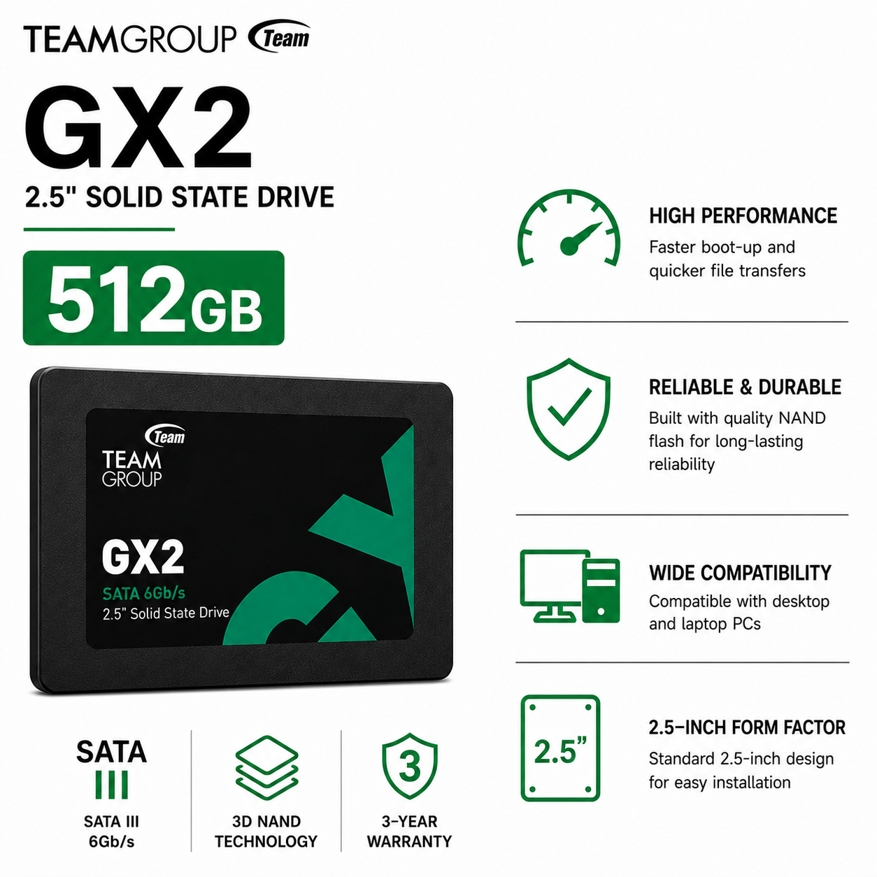 Team Group GX2 512GB Sata III 2.5 Solid State Drive (TM8FPK001T0C101)