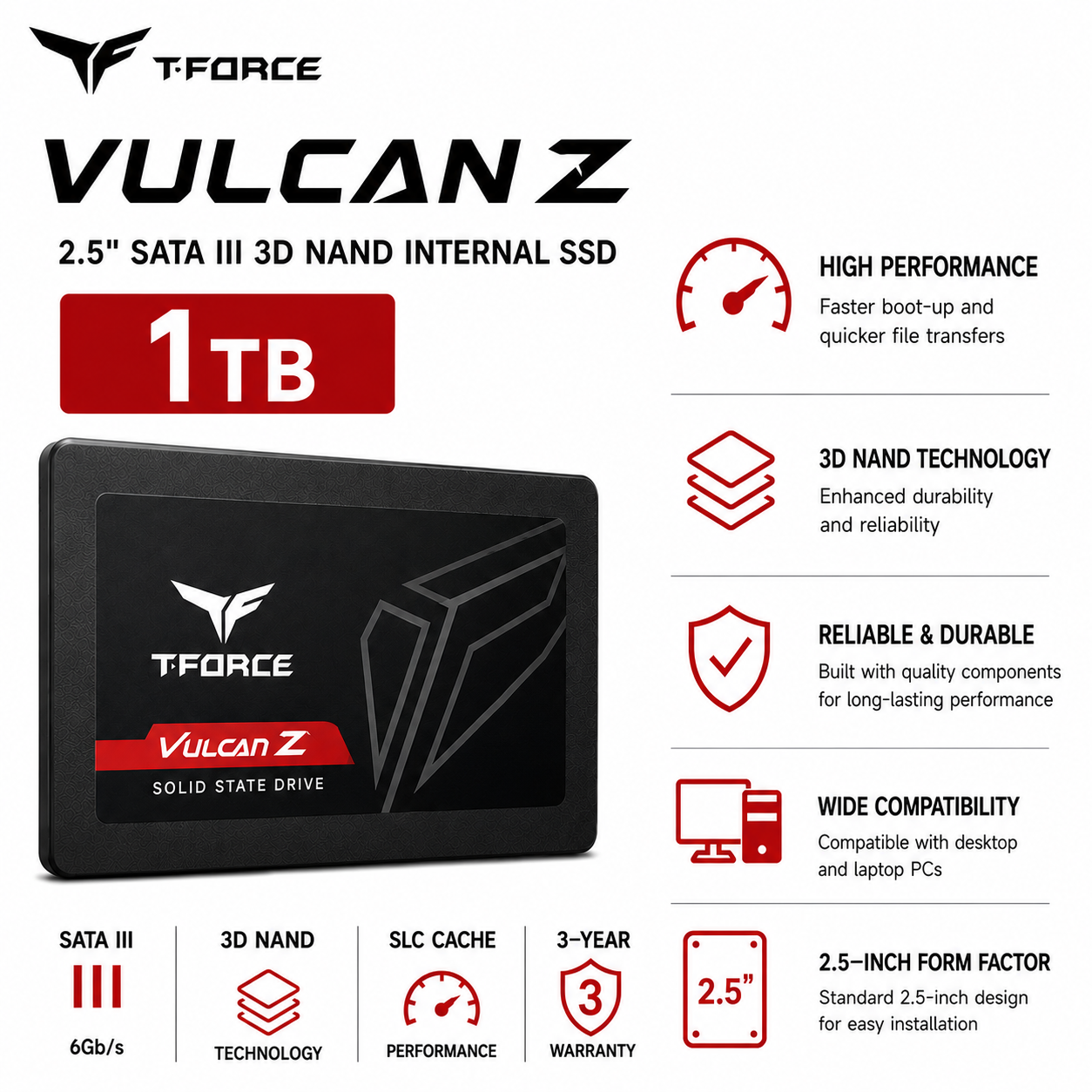 TeamGroup T-Force Vulcan Z 1TB 2.5" SATA III 3D NAND Internal SSD (T253TZ256G0C101)