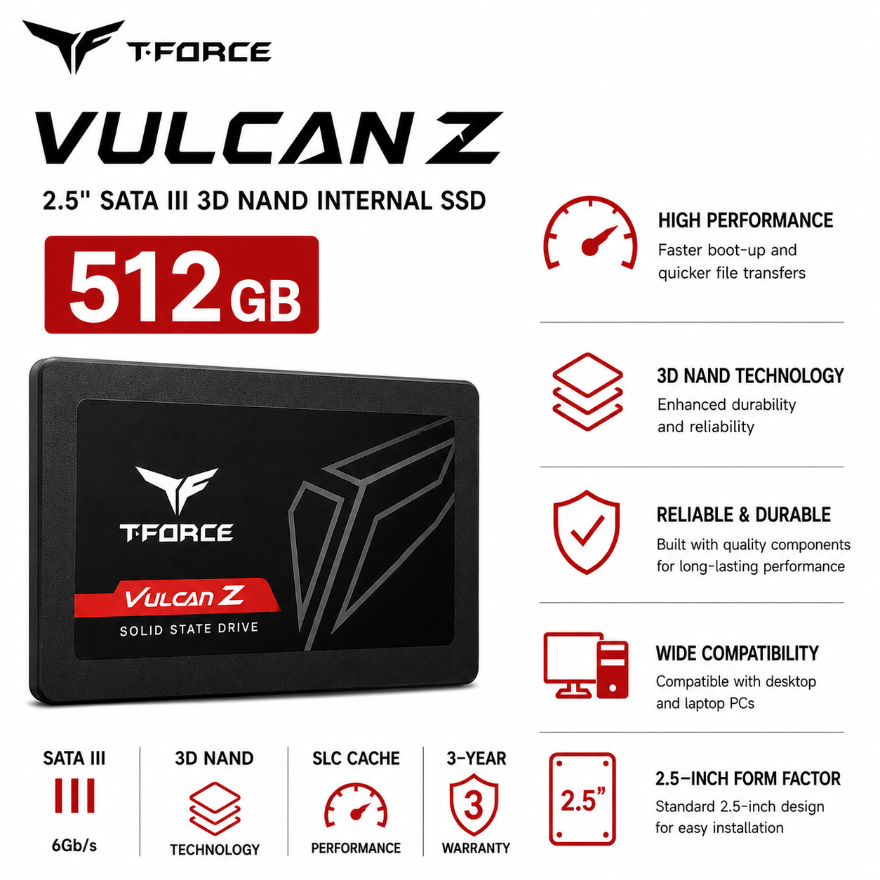 TeamGroup T-Force Vulcan Z 512GB 2.5" SATA III 3D NAND Internal SSD (TWCA-FTLN-BK)