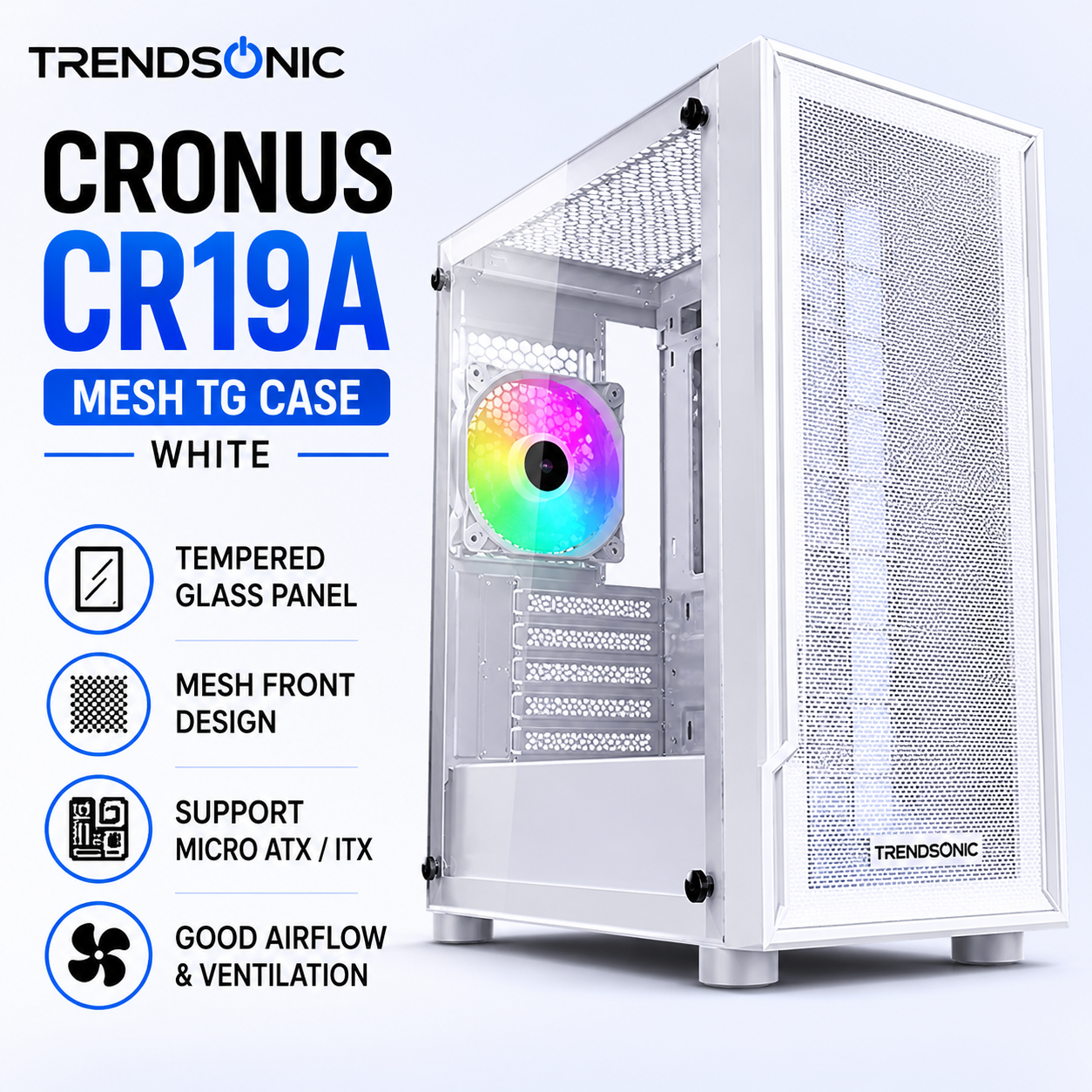 Trendsonic Cronus CR19A Mesh TG Case White (TRENDSONIC-CR19A-WHITE)