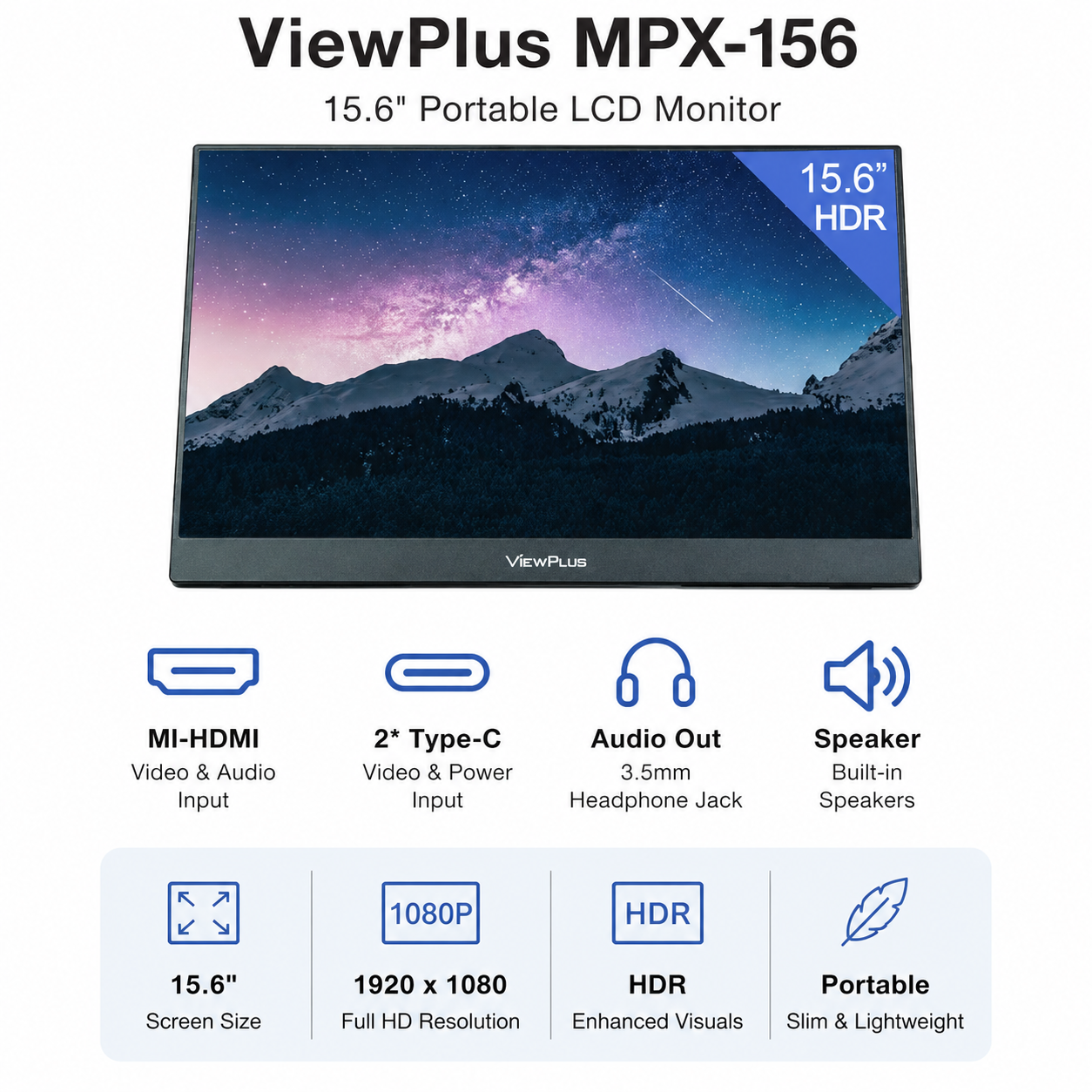 Viewplus MPX-156 15.6" Portable LCD Monitor, MI-HDMI, 2*Type-C, Audio Out, Speaker (MPX-156)