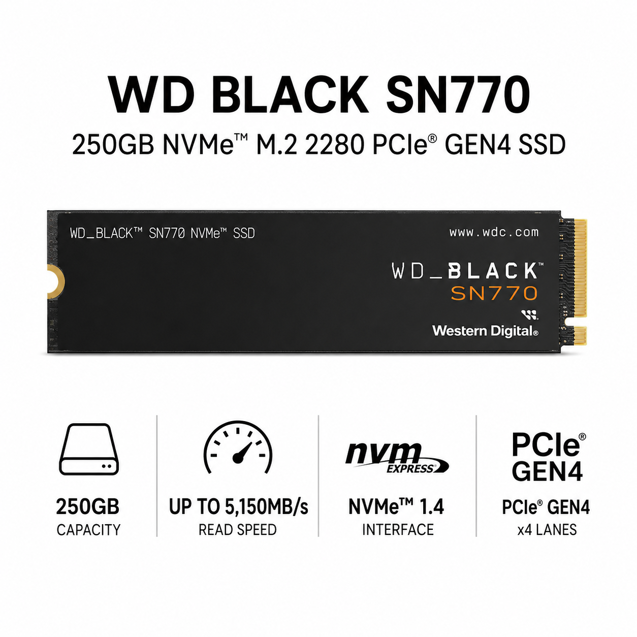 WD BLACK SN770 250GB NMVe M.2 2280 PCIe GEN4 SSD (WDS250G3X0E)